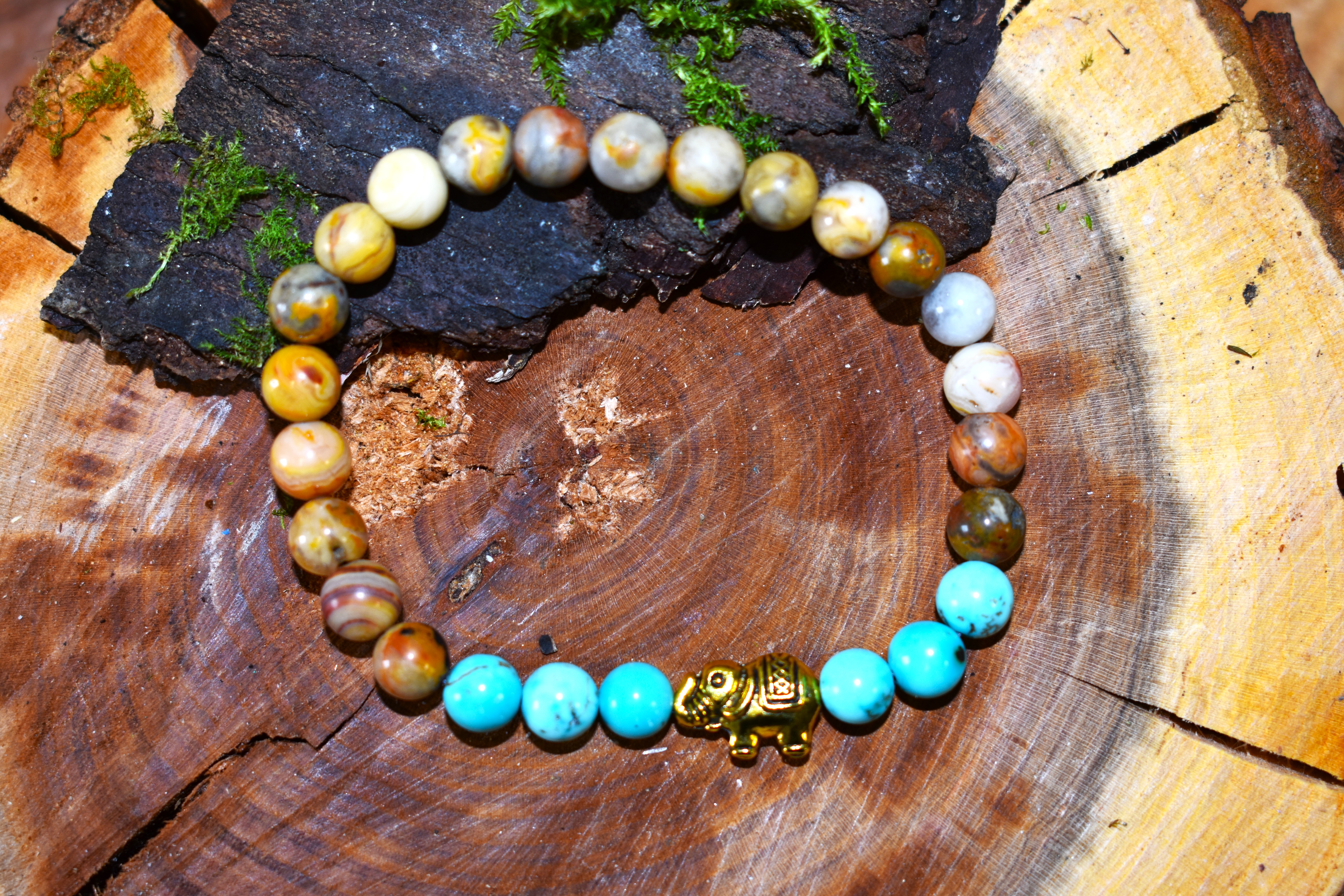 Bracelet Agate du Mexique et Turquoise éléphant doré