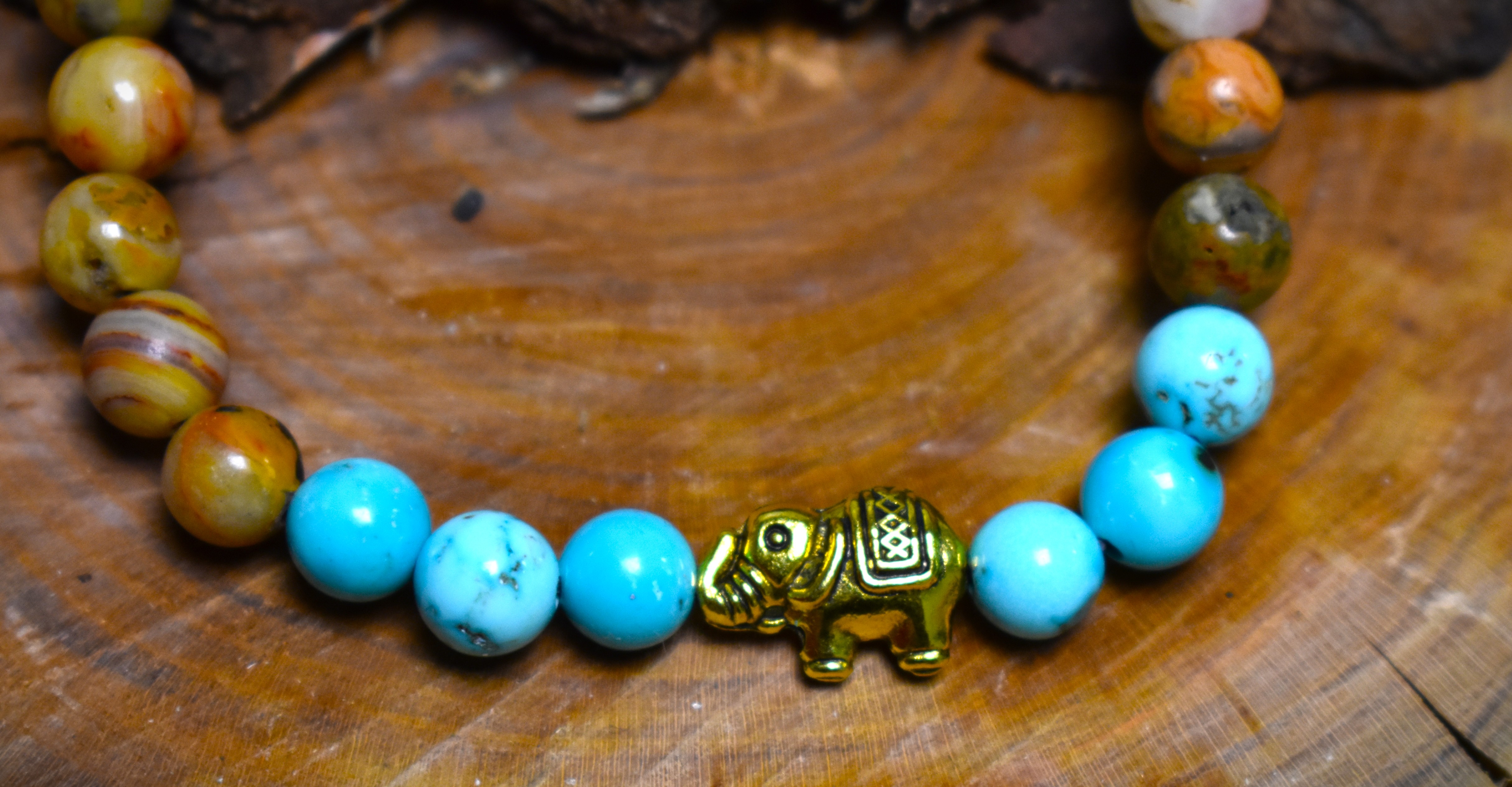 Bracelet Agate du Mexique et Turquoise éléphant doré
