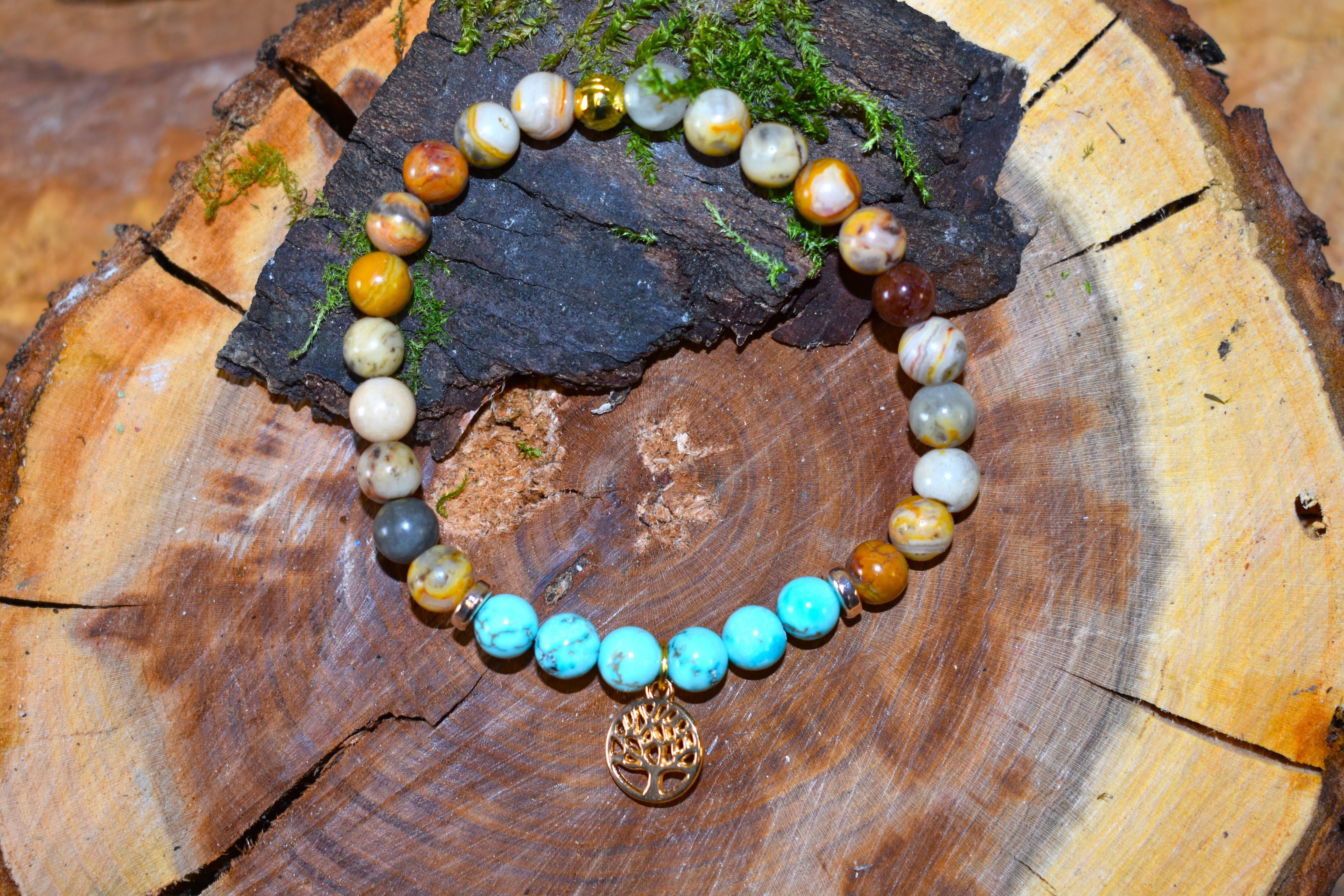 Bracelet Agate du Mexique et Turquoise arbre de vie couleur doré