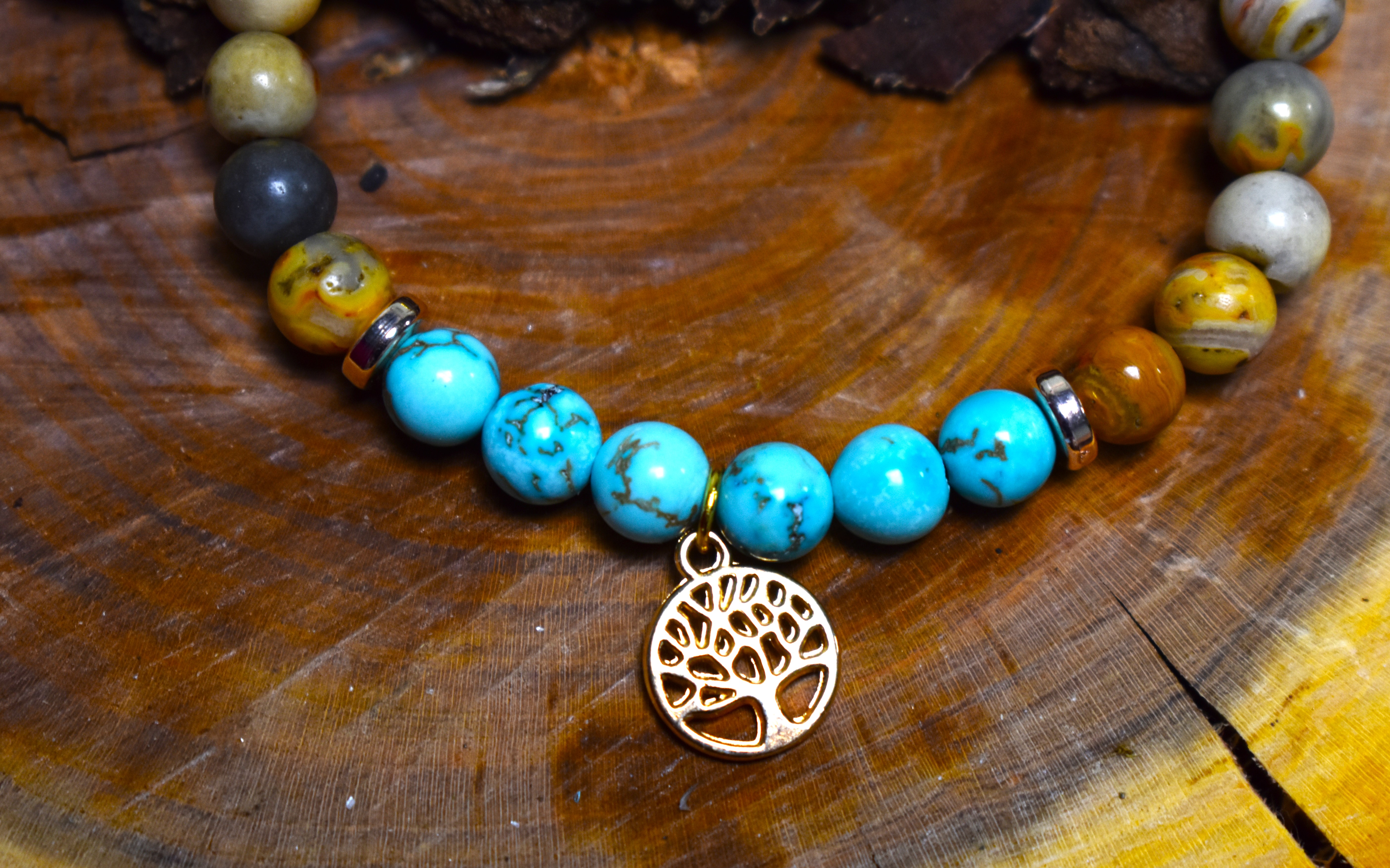 Bracelet Agate du Mexique et Turquoise arbre de vie couleur doré
