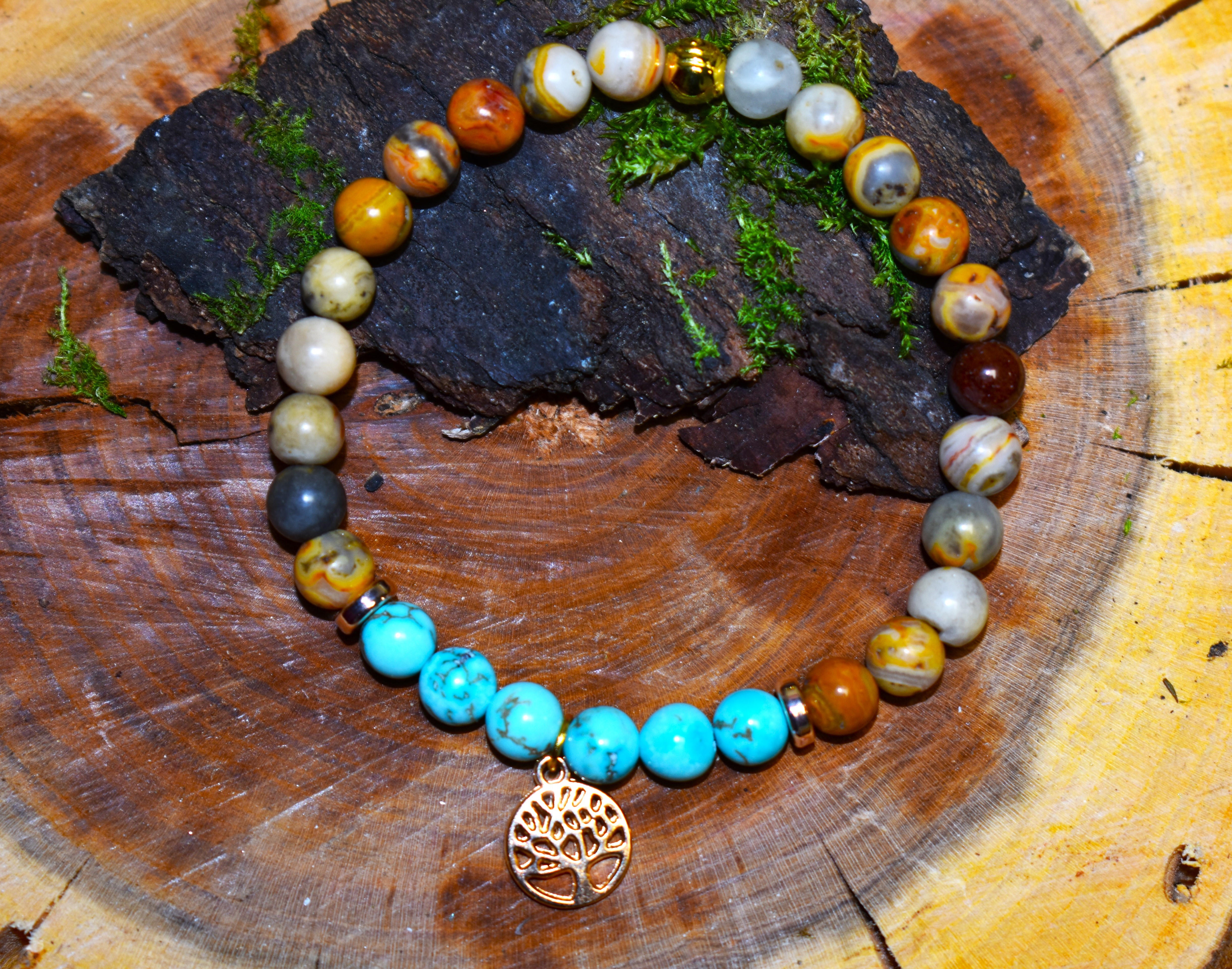 Bracelet Agate du Mexique et Turquoise arbre de vie couleur doré