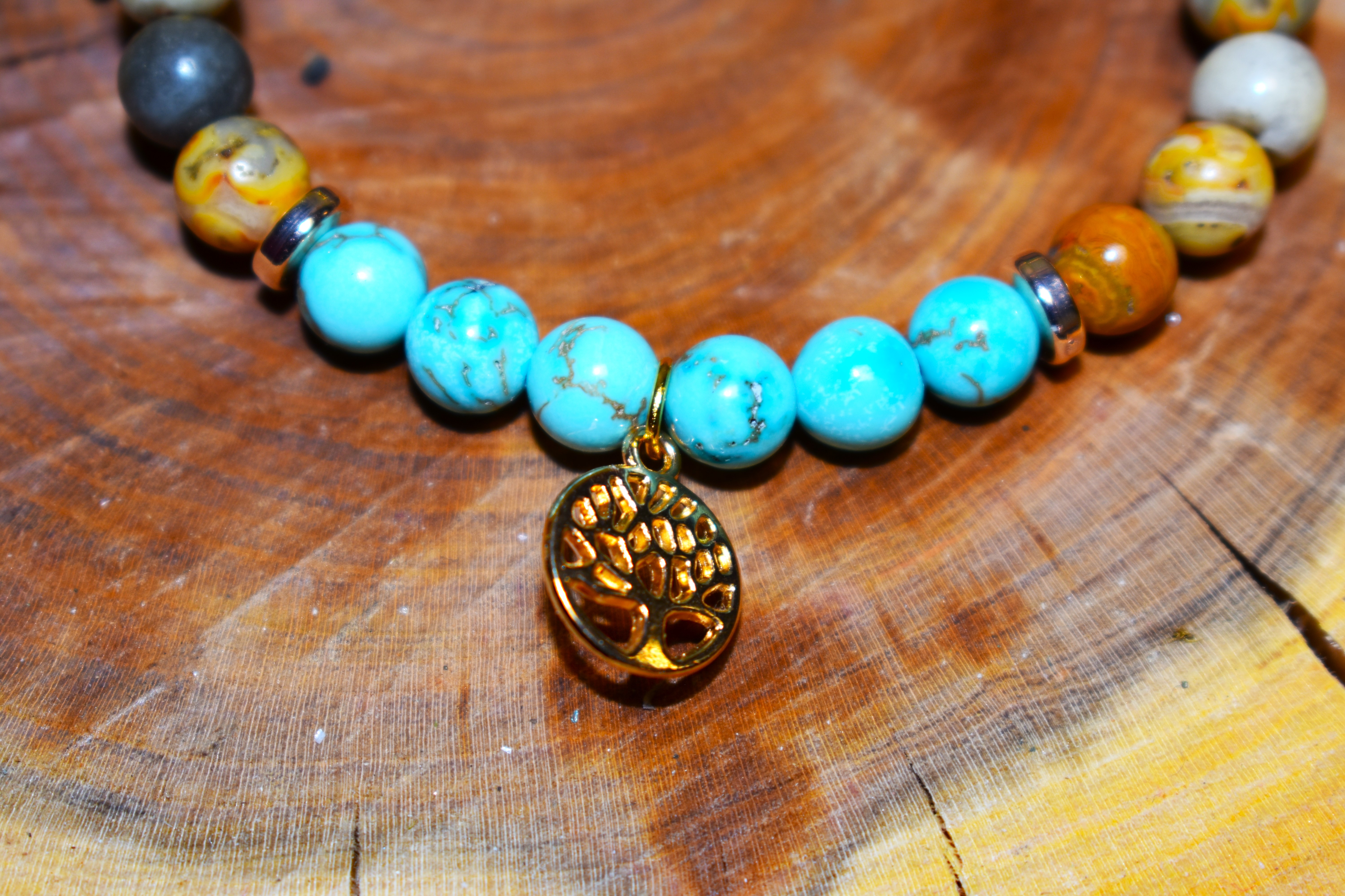 Bracelet Agate du Mexique et Turquoise arbre de vie couleur doré