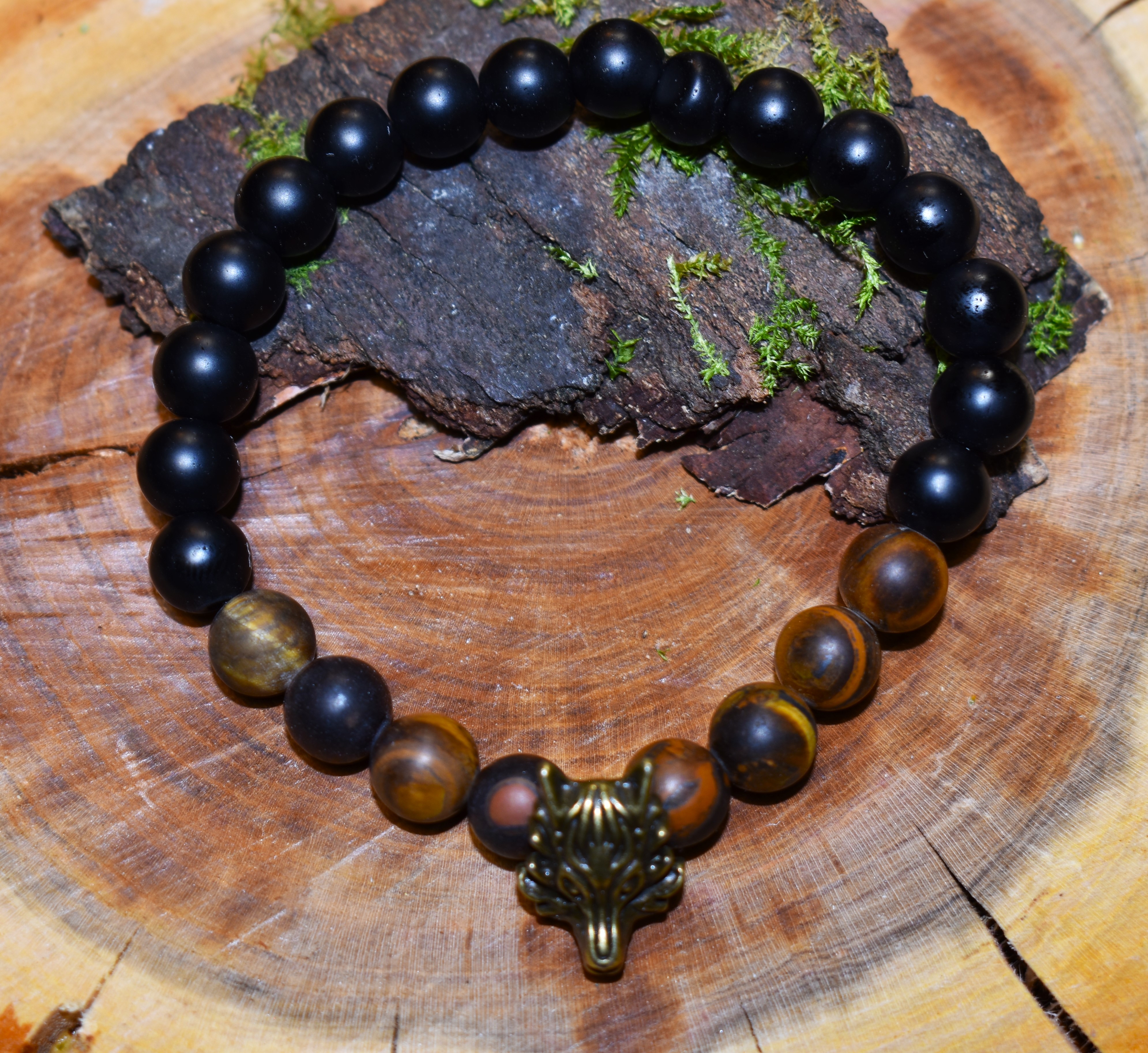 Bracelet Obsidiennes et Oeil de tigre Loup couleur bronze