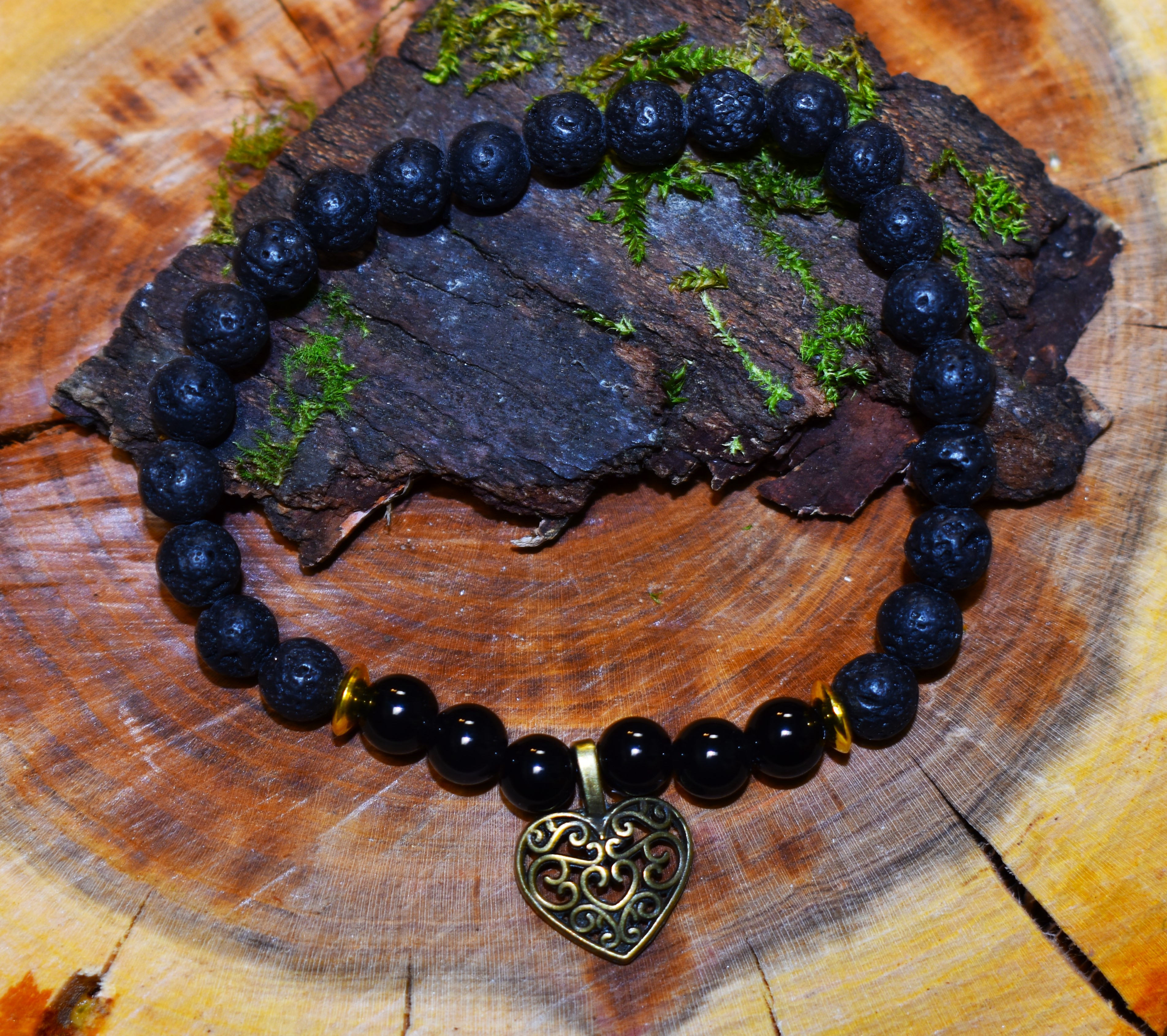 Bracelet Pierre de lave et Obsidienne coeur couleurs bronze