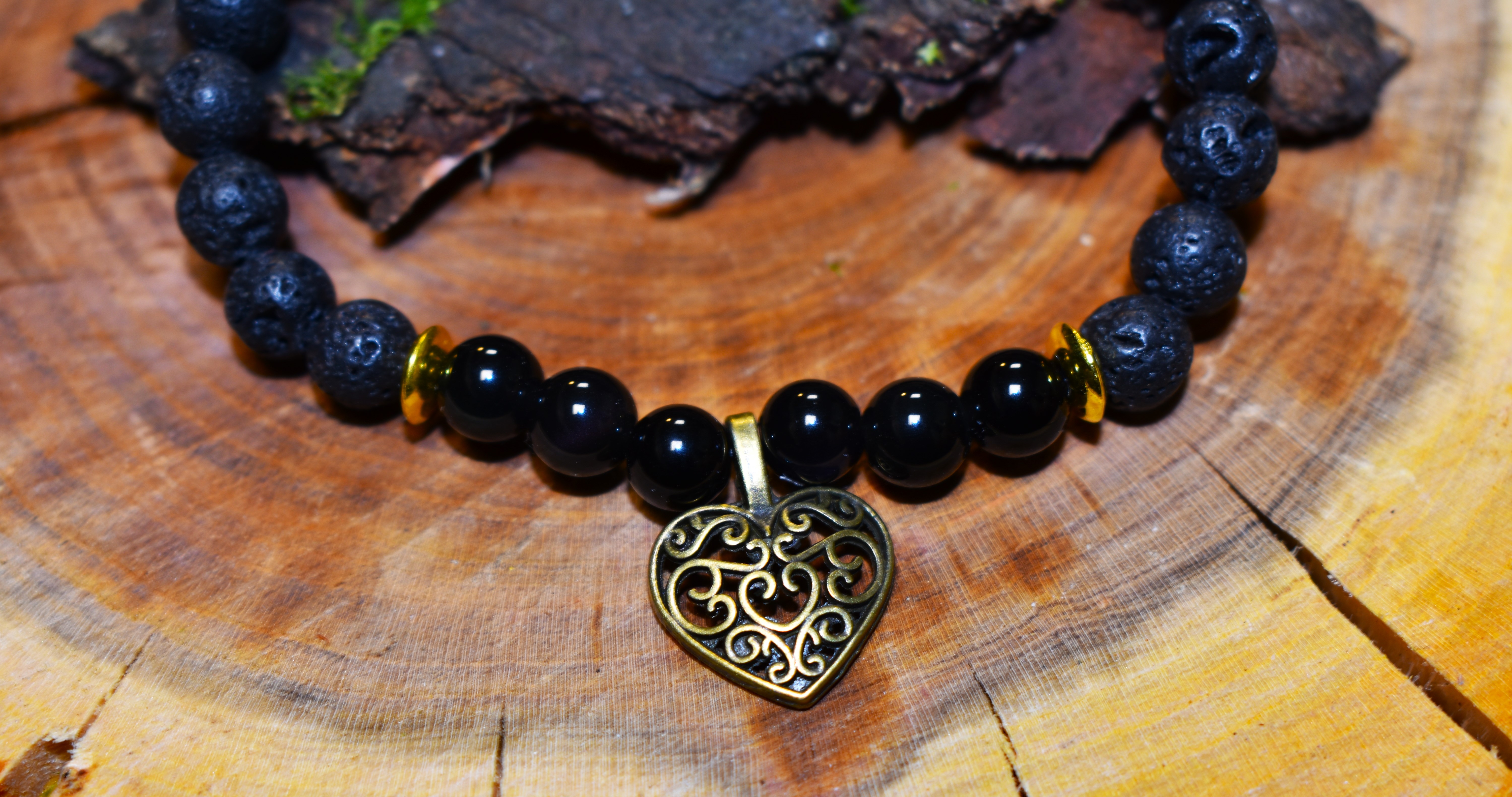 Bracelet Pierre de lave et Obsidienne coeur couleurs bronze