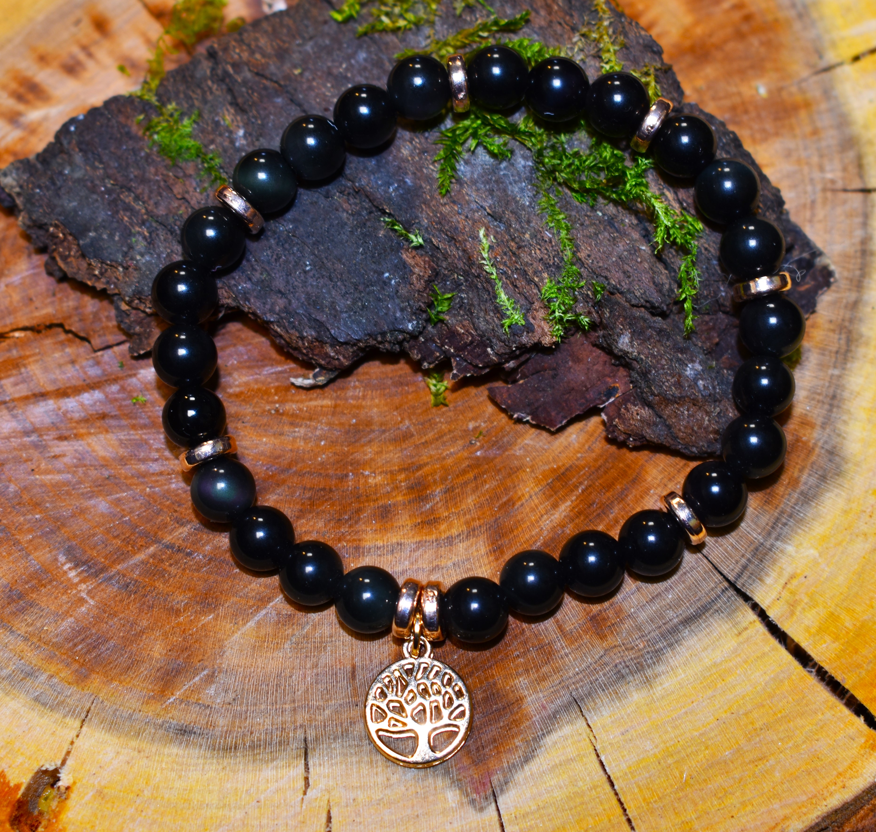 Bracelet Obsidiennes avec arbre de vie doré