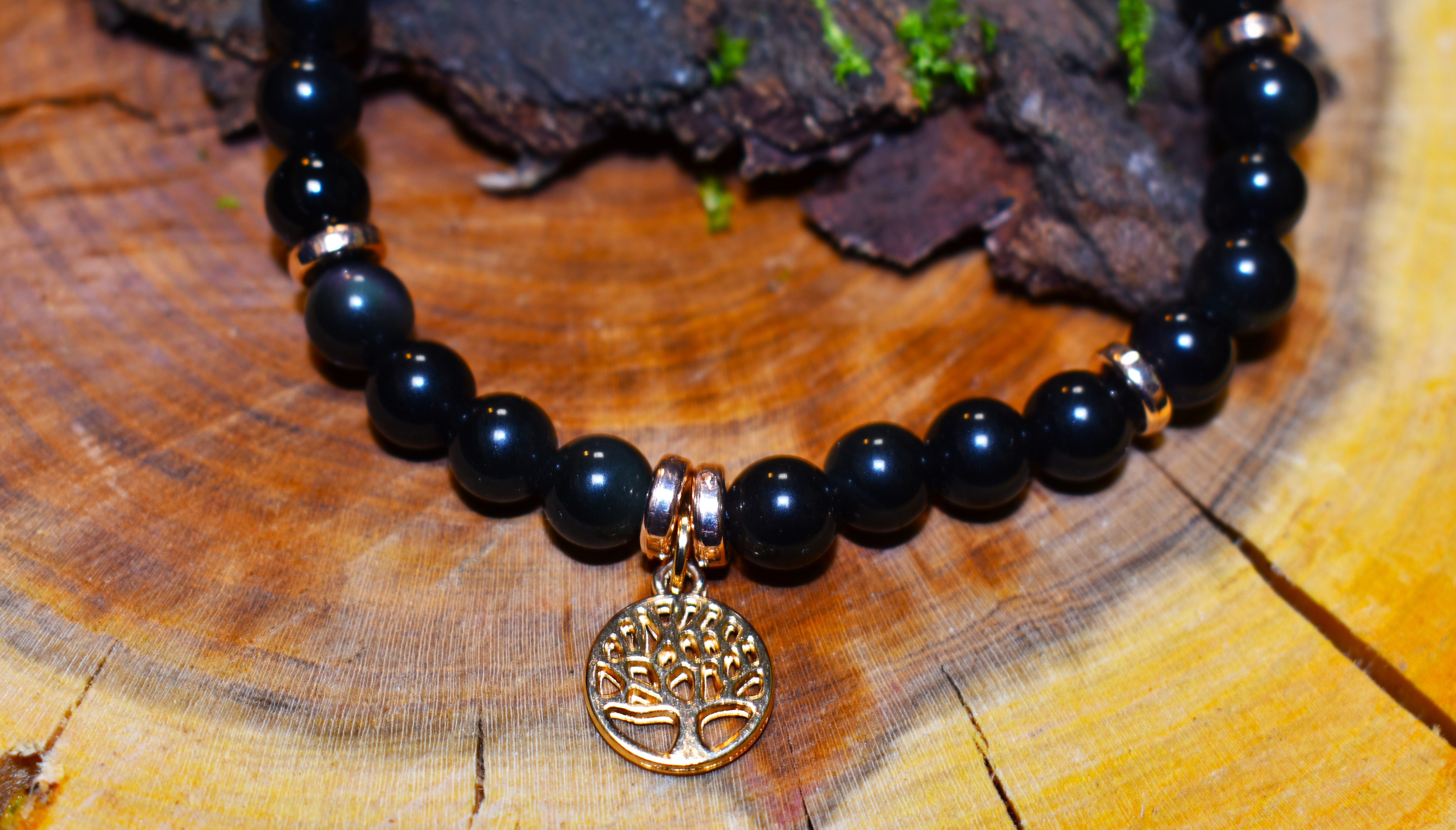 Bracelet Obsidiennes avec arbre de vie doré