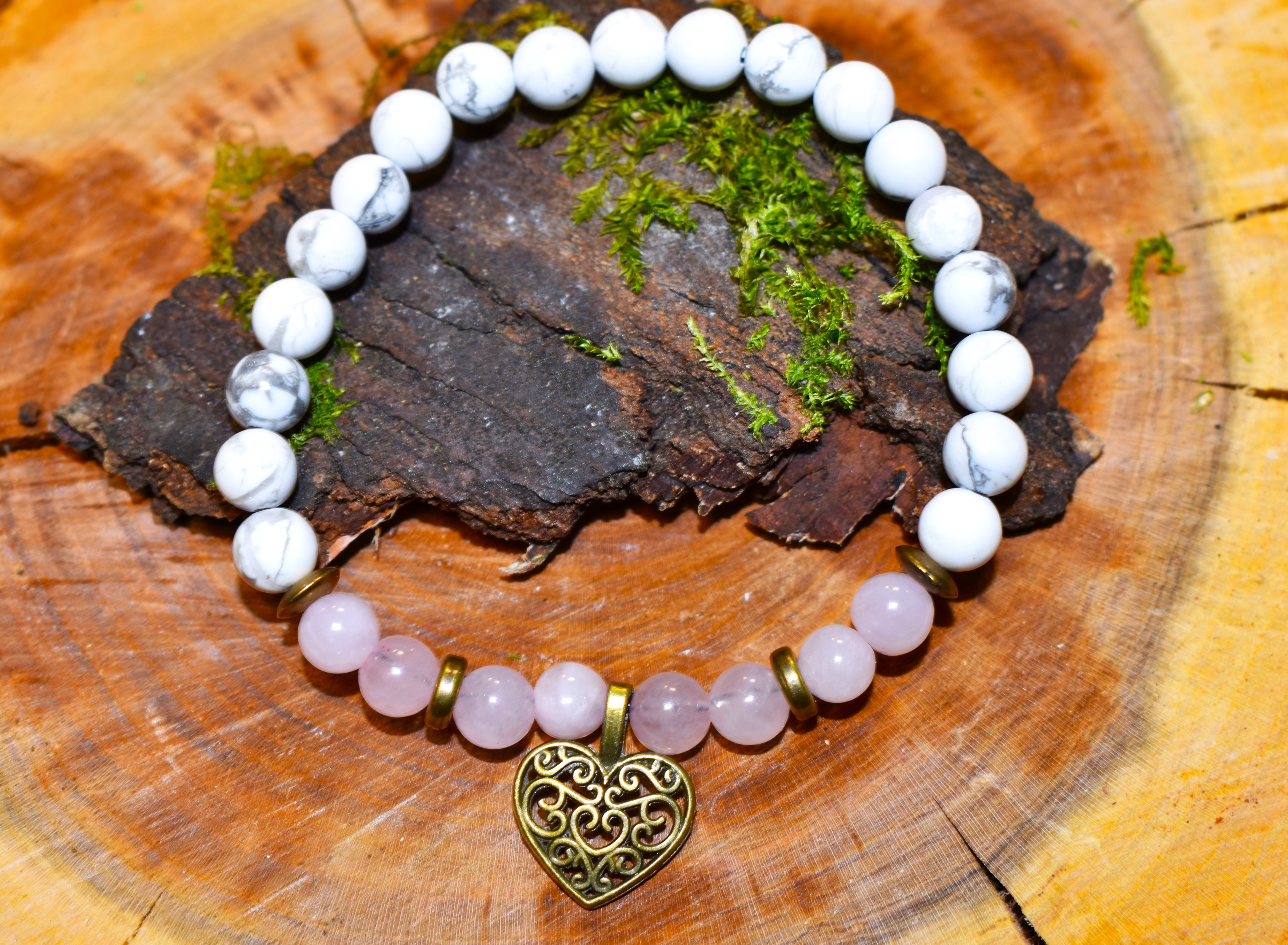 Bracelet  Quartz rose et Howlite coeur couleurs bronze