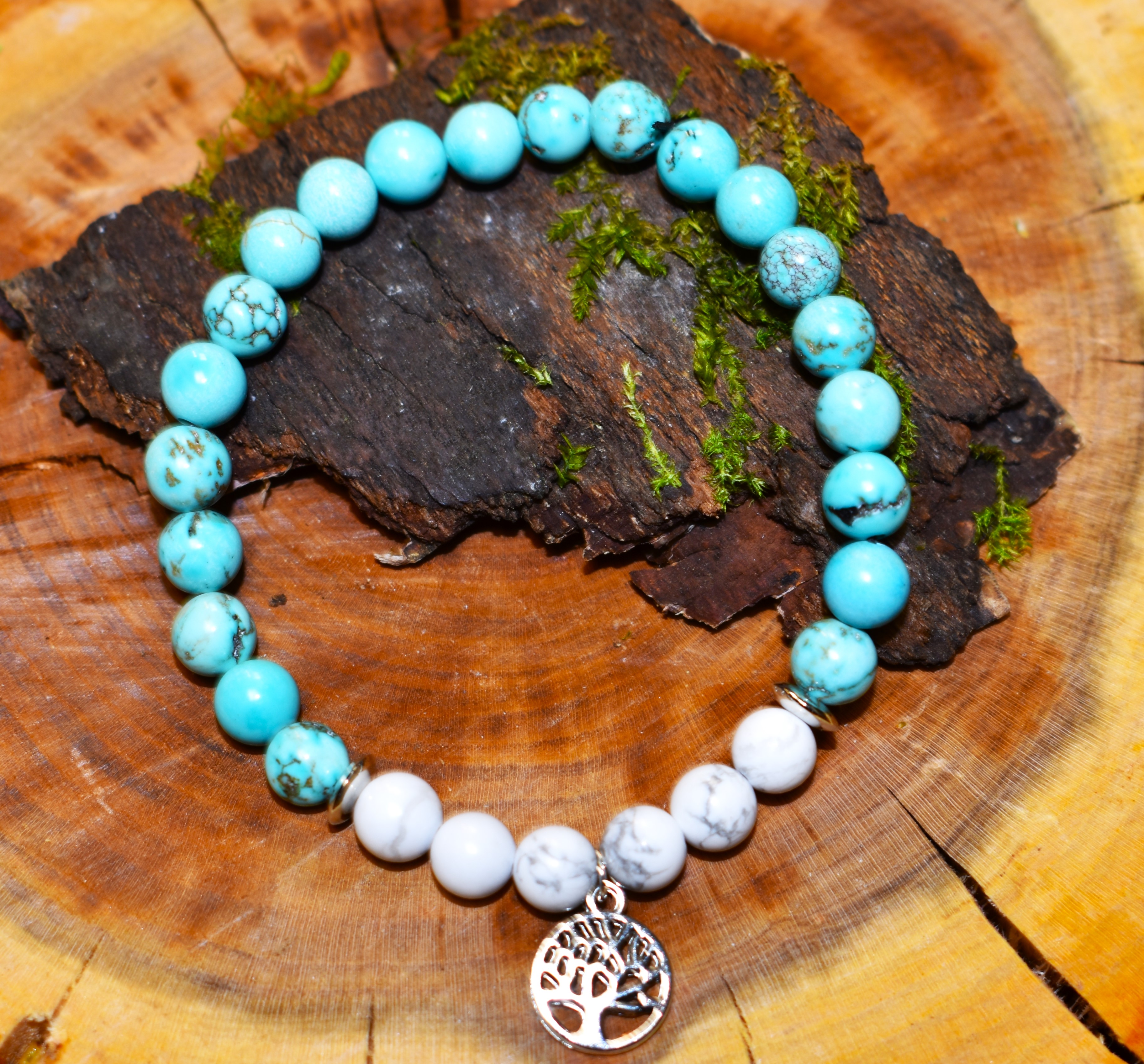 Bracelet Howlite et Turquoise arbre de vie couleur argent