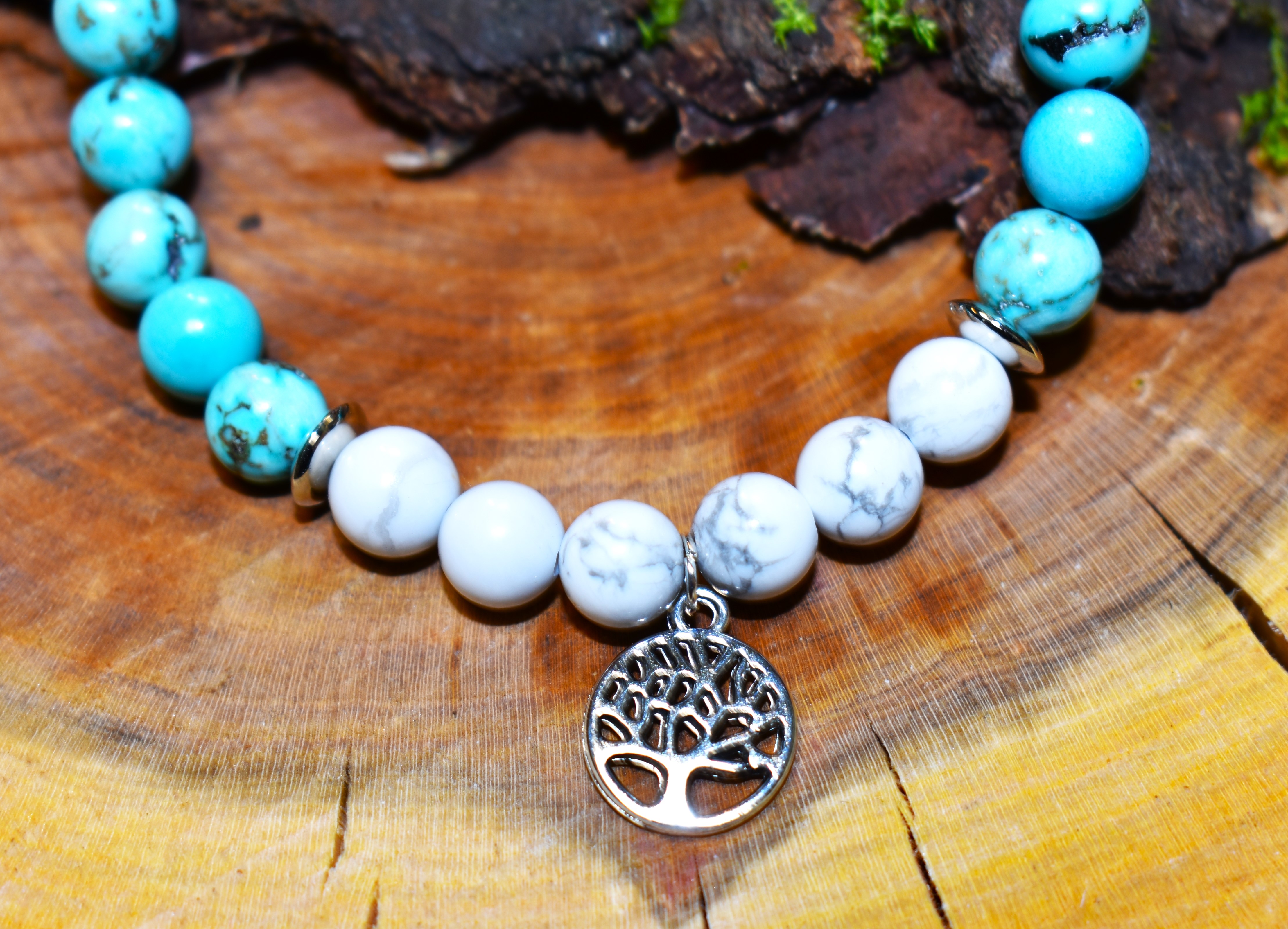 Bracelet Howlite et Turquoise arbre de vie couleur argent