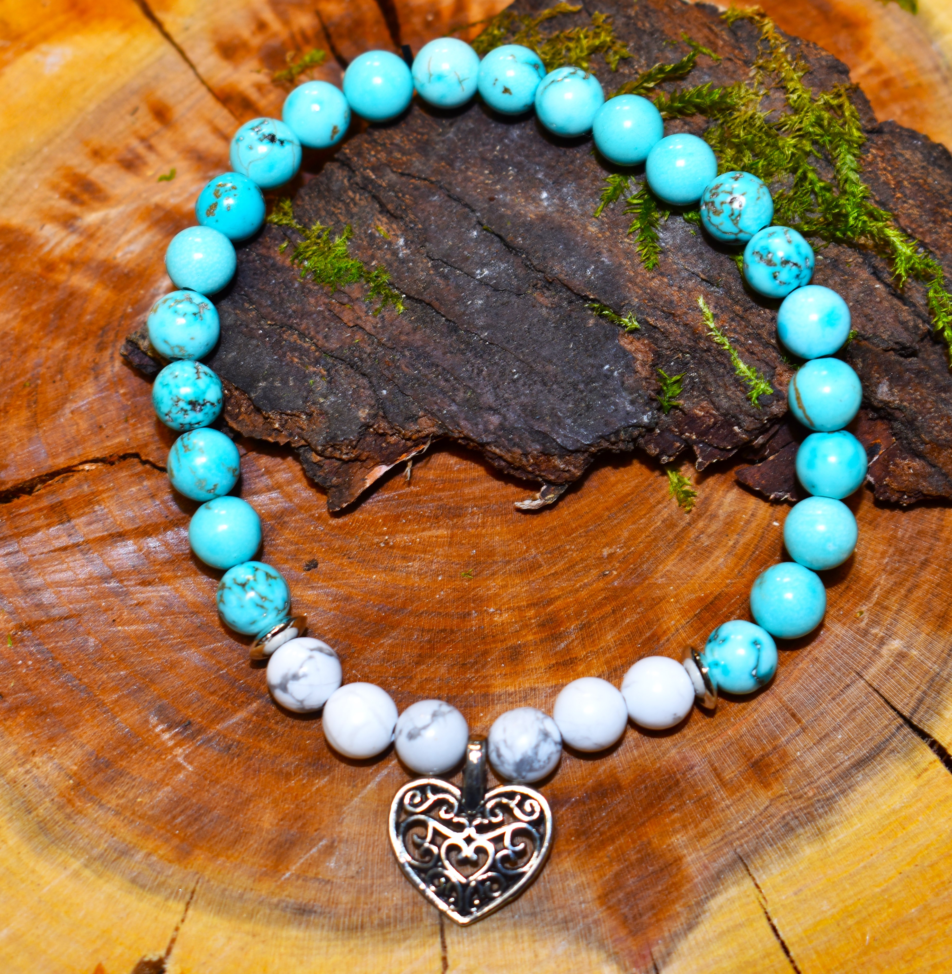 Bracelet Howlite et Turquoise coeur couleur argent