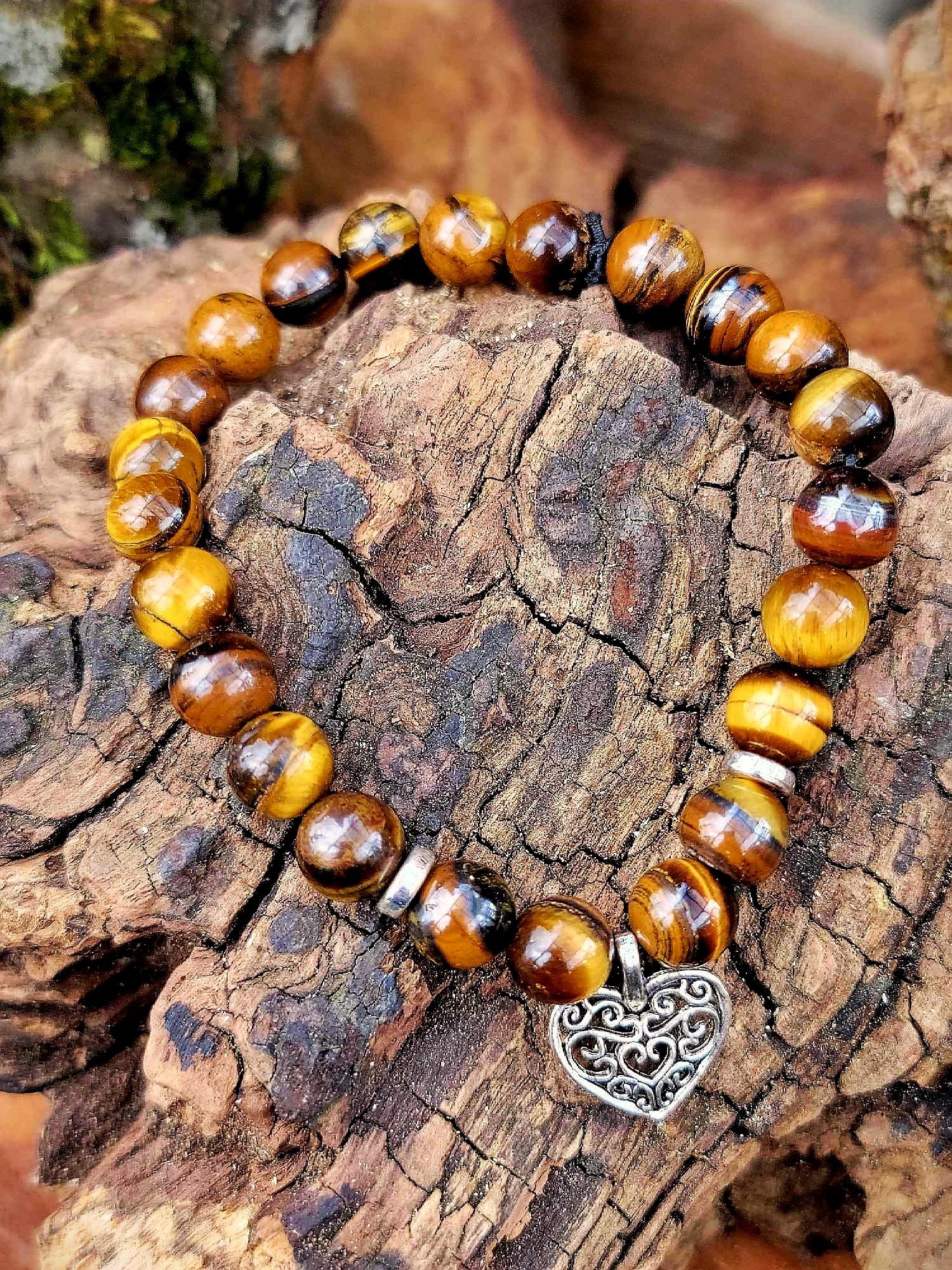 Bracelet Oeil de tigre et coeur argenté