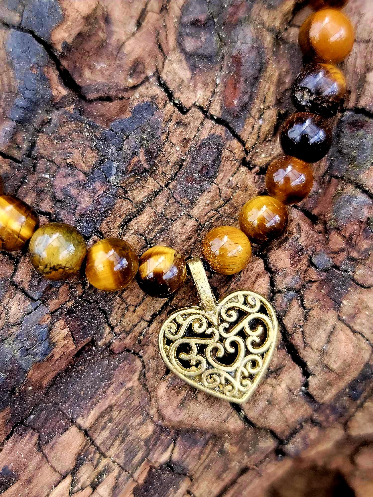 Bracelet  Oeil de tigre coeur doré