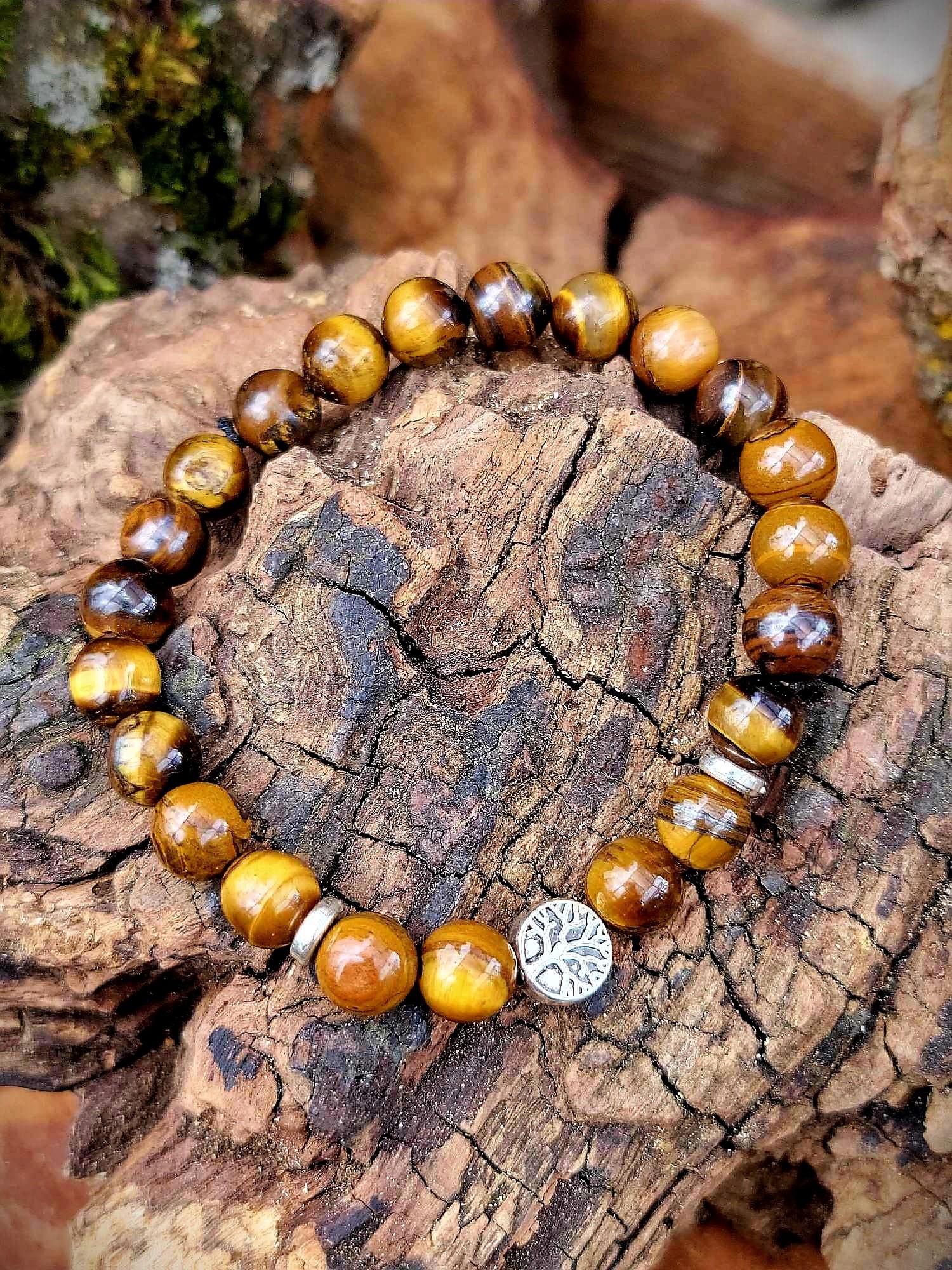 Bracelet Oeil de tigre et arbre de vie argenté