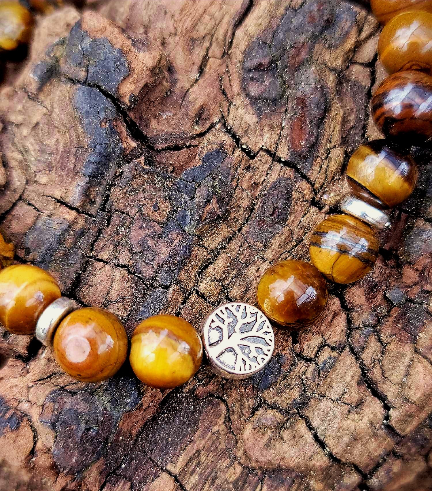 Bracelet Oeil de tigre et arbre de vie argenté