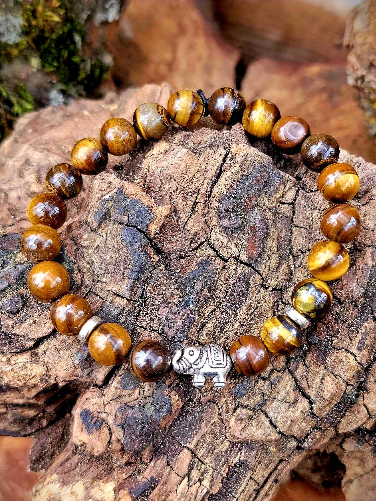 Bracelet Oeil de tigre et éléphant argenté