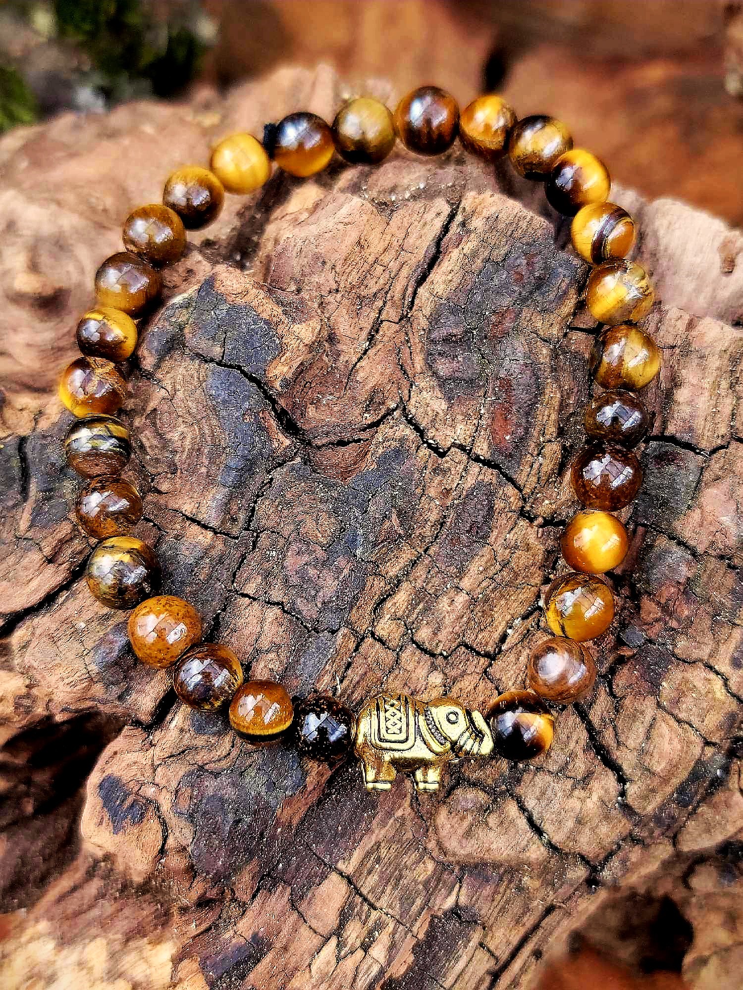 Bracelet Oeil de tigre et éléphant doré