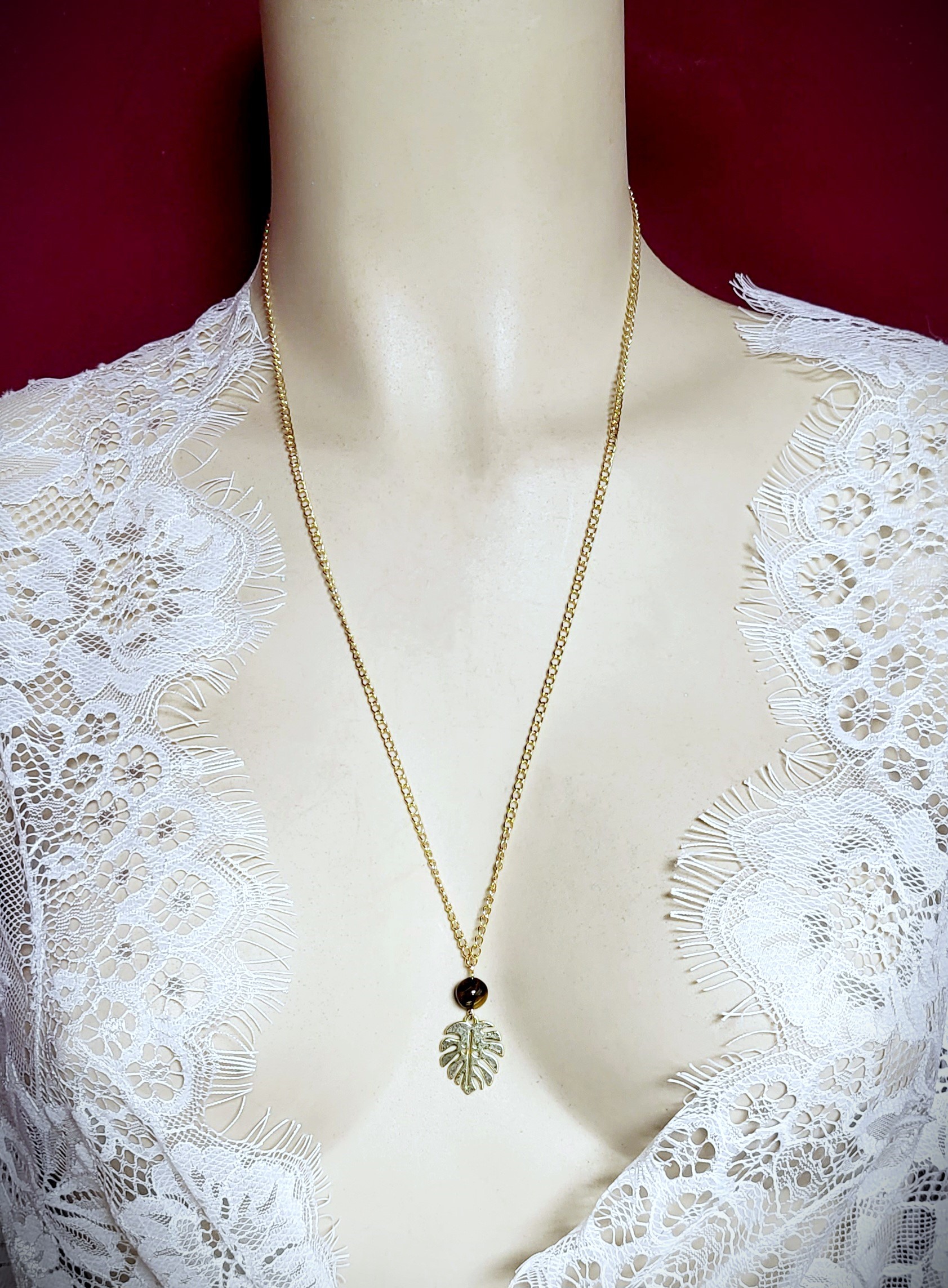 Collier feuille et Oeil de tigre