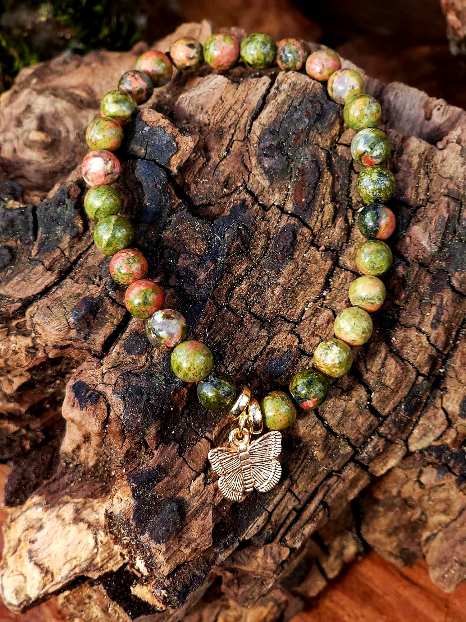 Bracelet Unakite Papillon doré