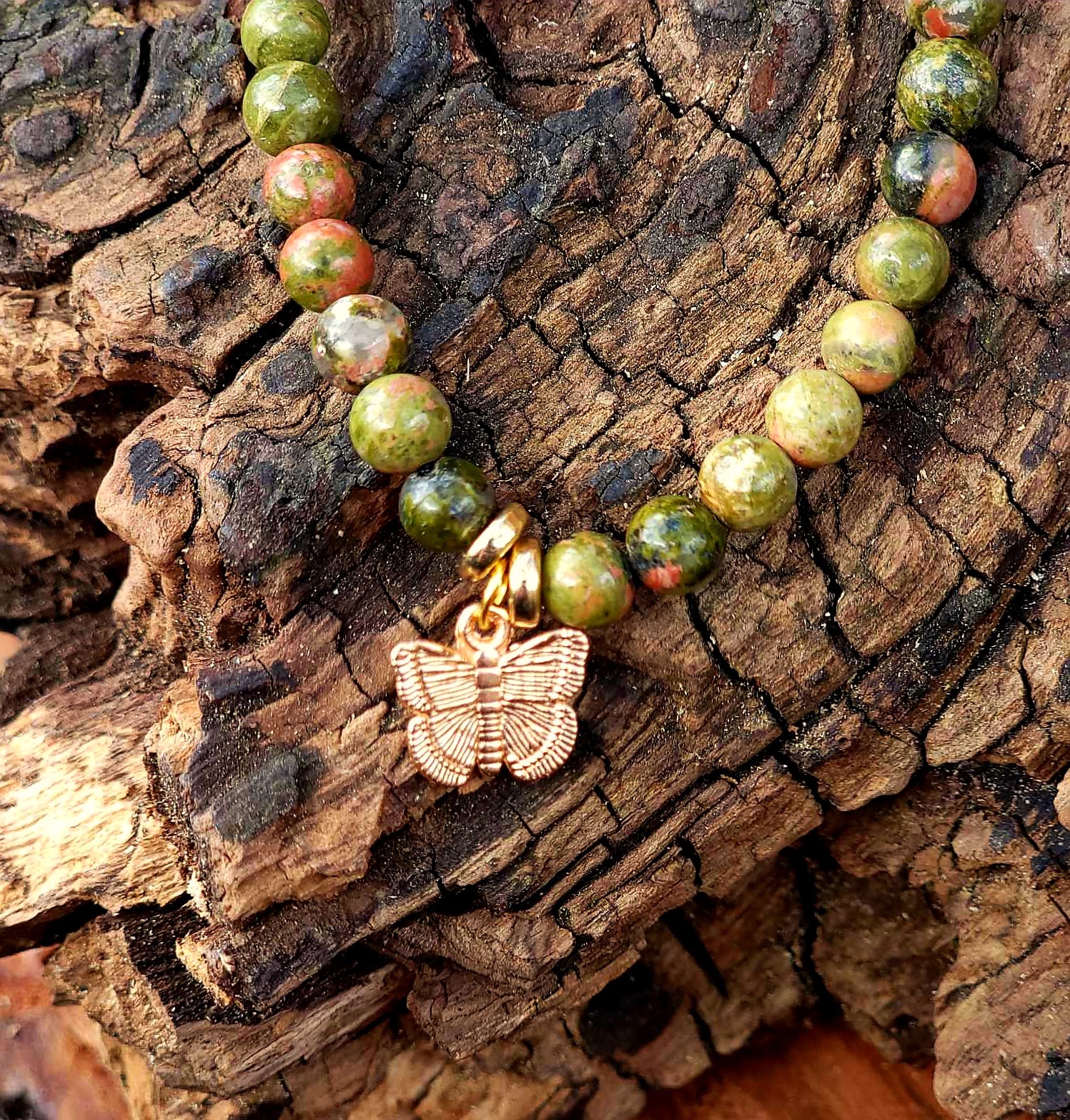 Bracelet Unakite Papillon doré