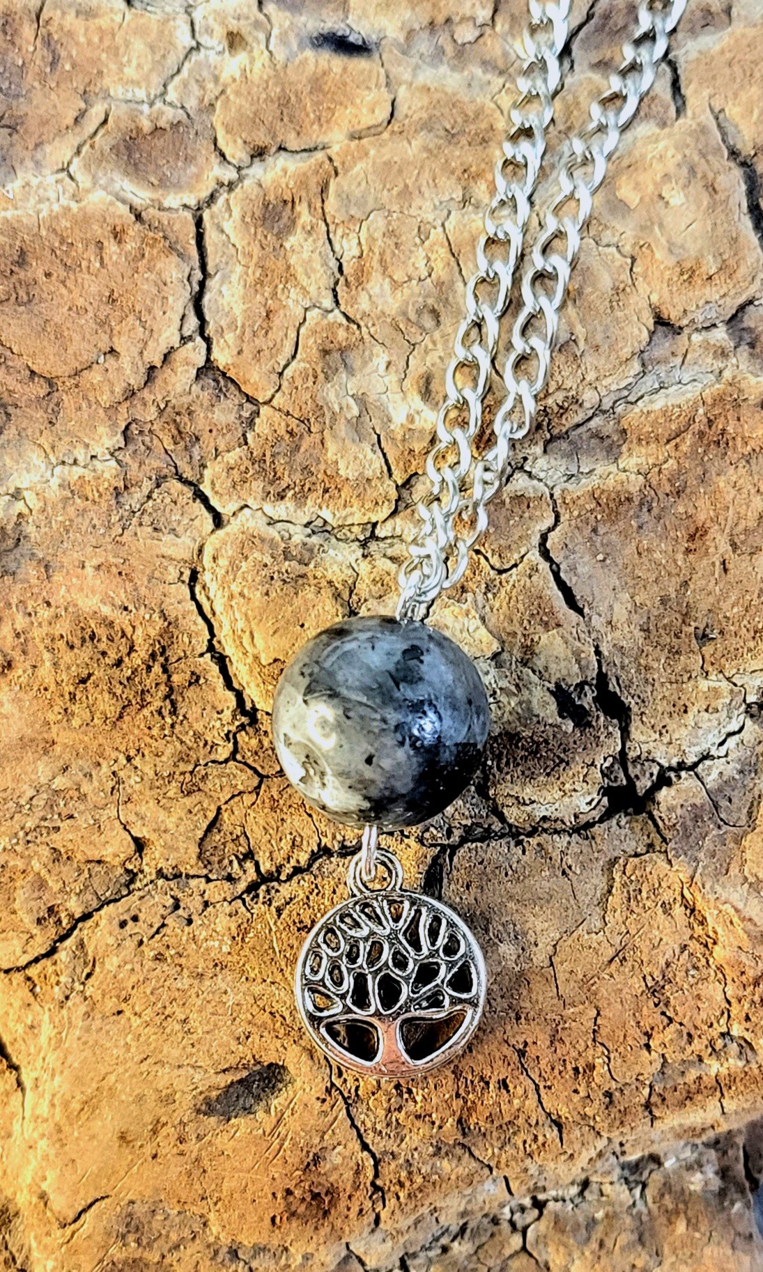 Sautoir Labradorite Arbre de vie argenté