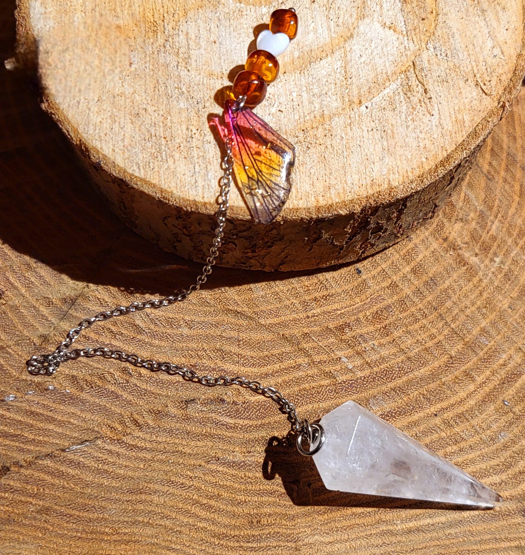 Pendule Cristal de roche, Ambre et Nacre