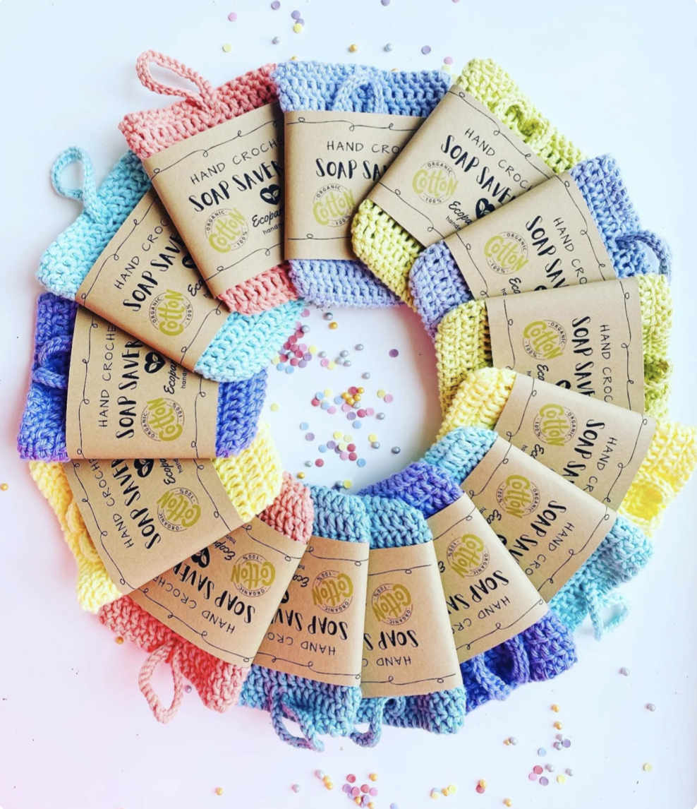 Handmade organic cotton exfoliating soap saver bag