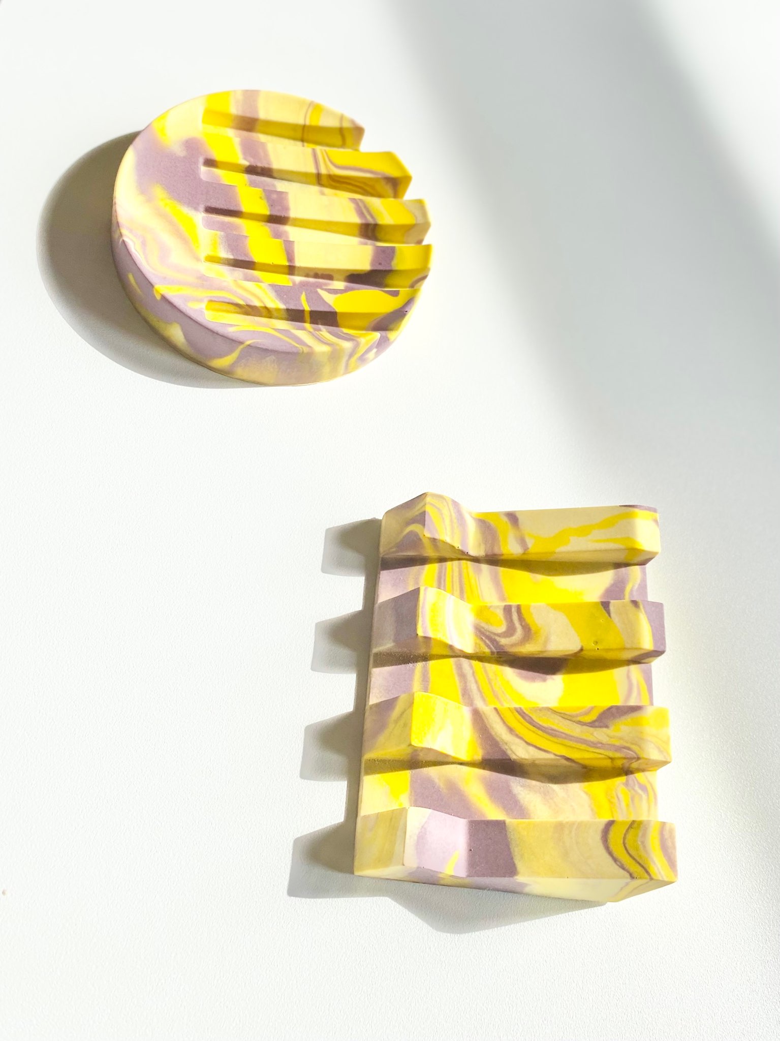 Yellow and purple Soap/shampoo dish made of jesmonite 