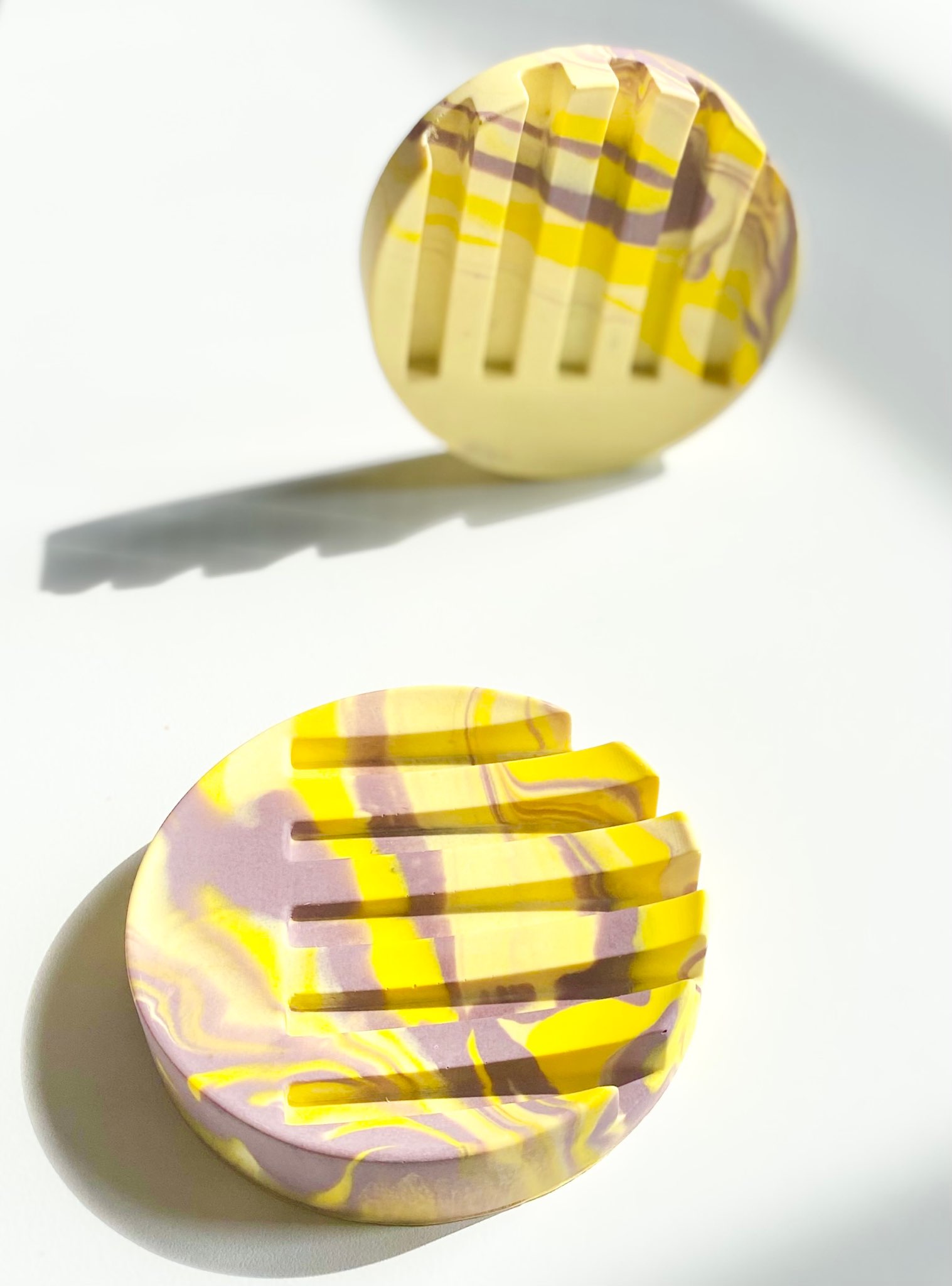 Yellow and purple Soap/shampoo dish made of jesmonite 