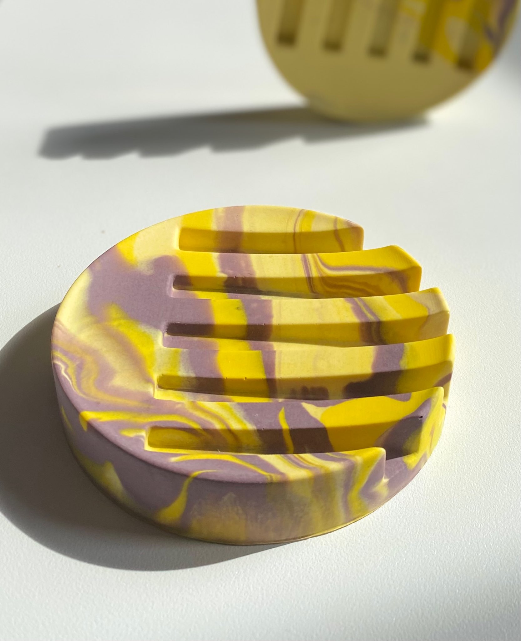 Yellow and purple Soap/shampoo dish made of jesmonite 
