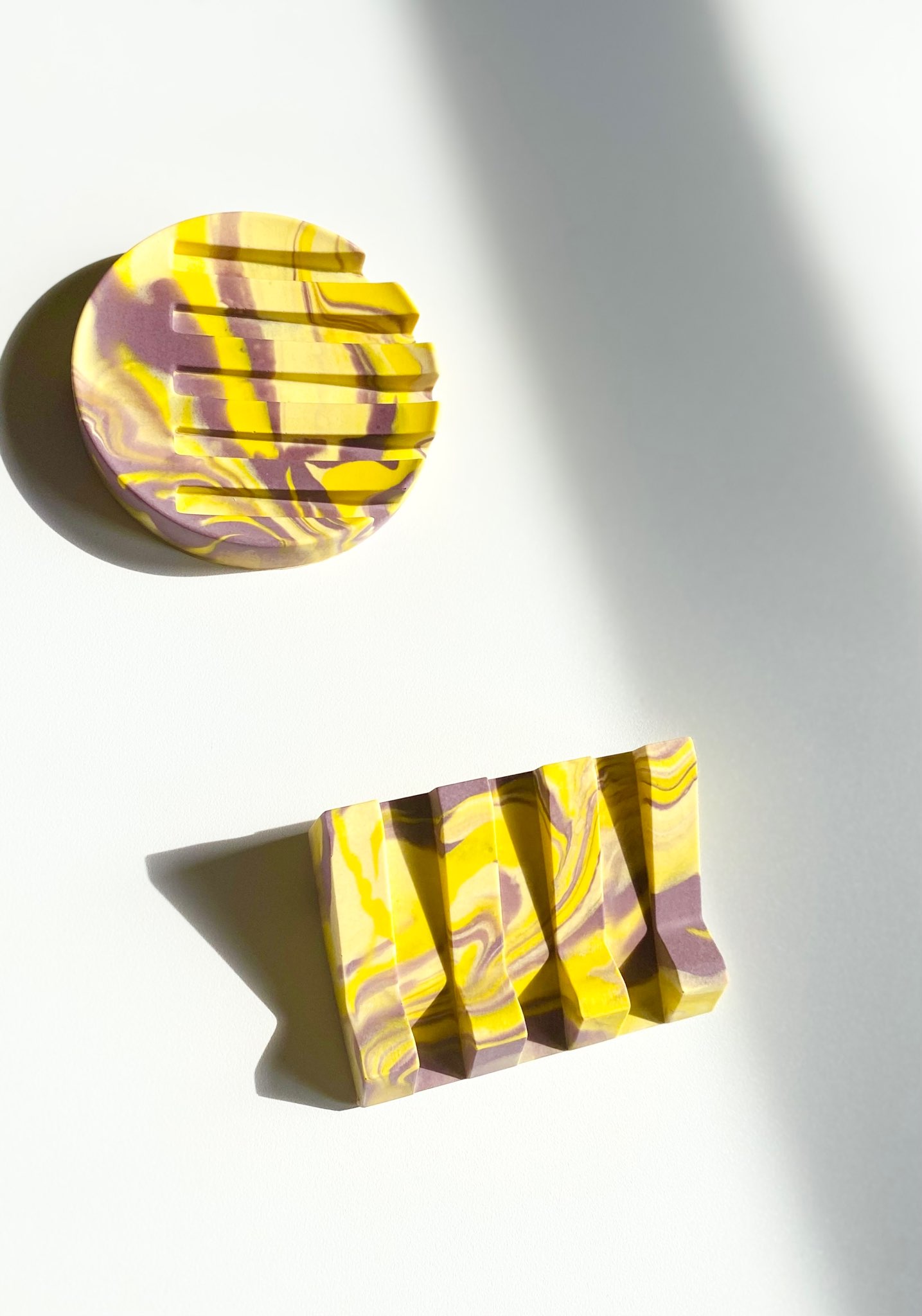 Yellow and purple Soap/shampoo dish made of jesmonite