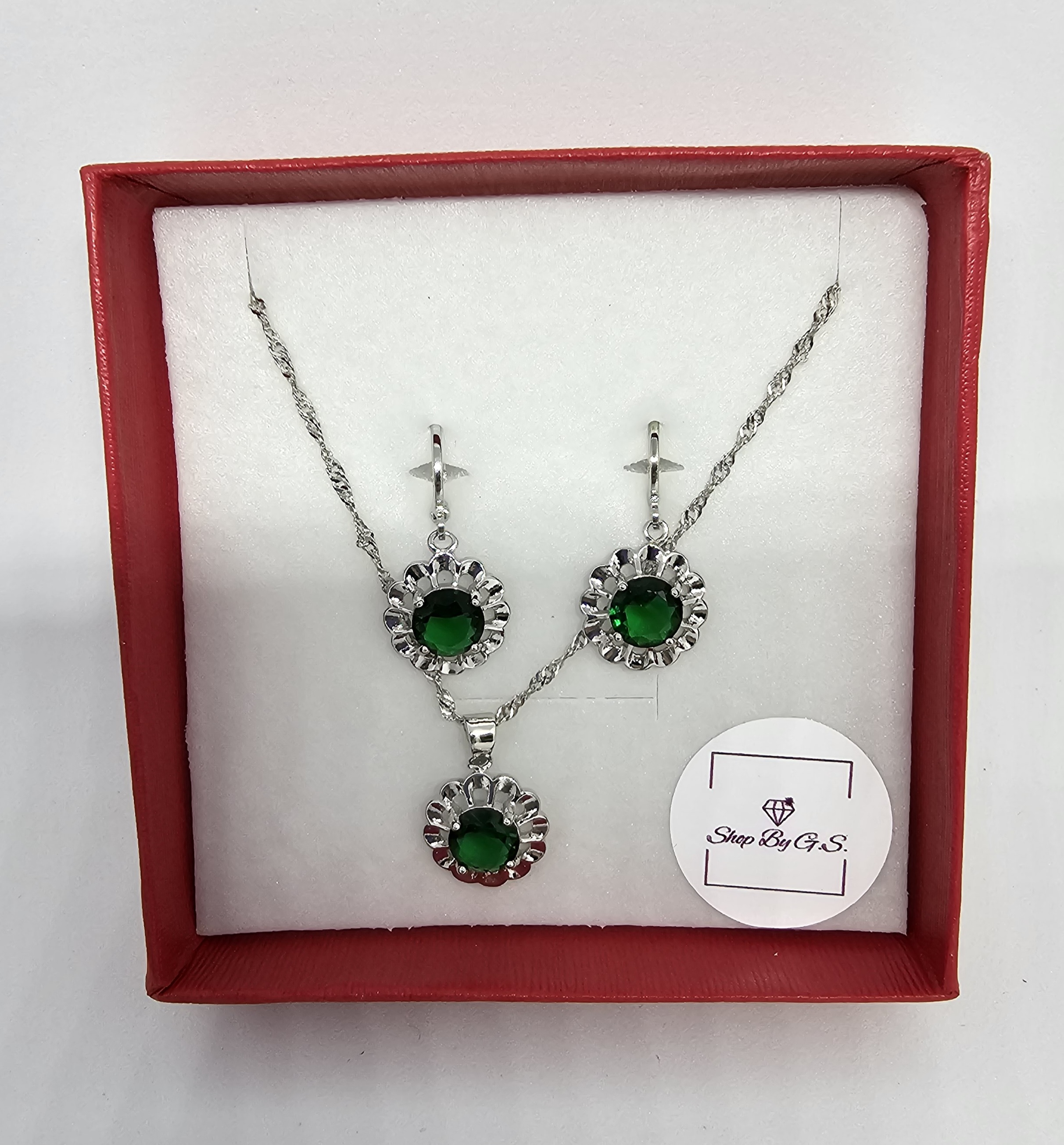 Papuošalų rinkinys su žaliu cirkoniu - ramunėlė