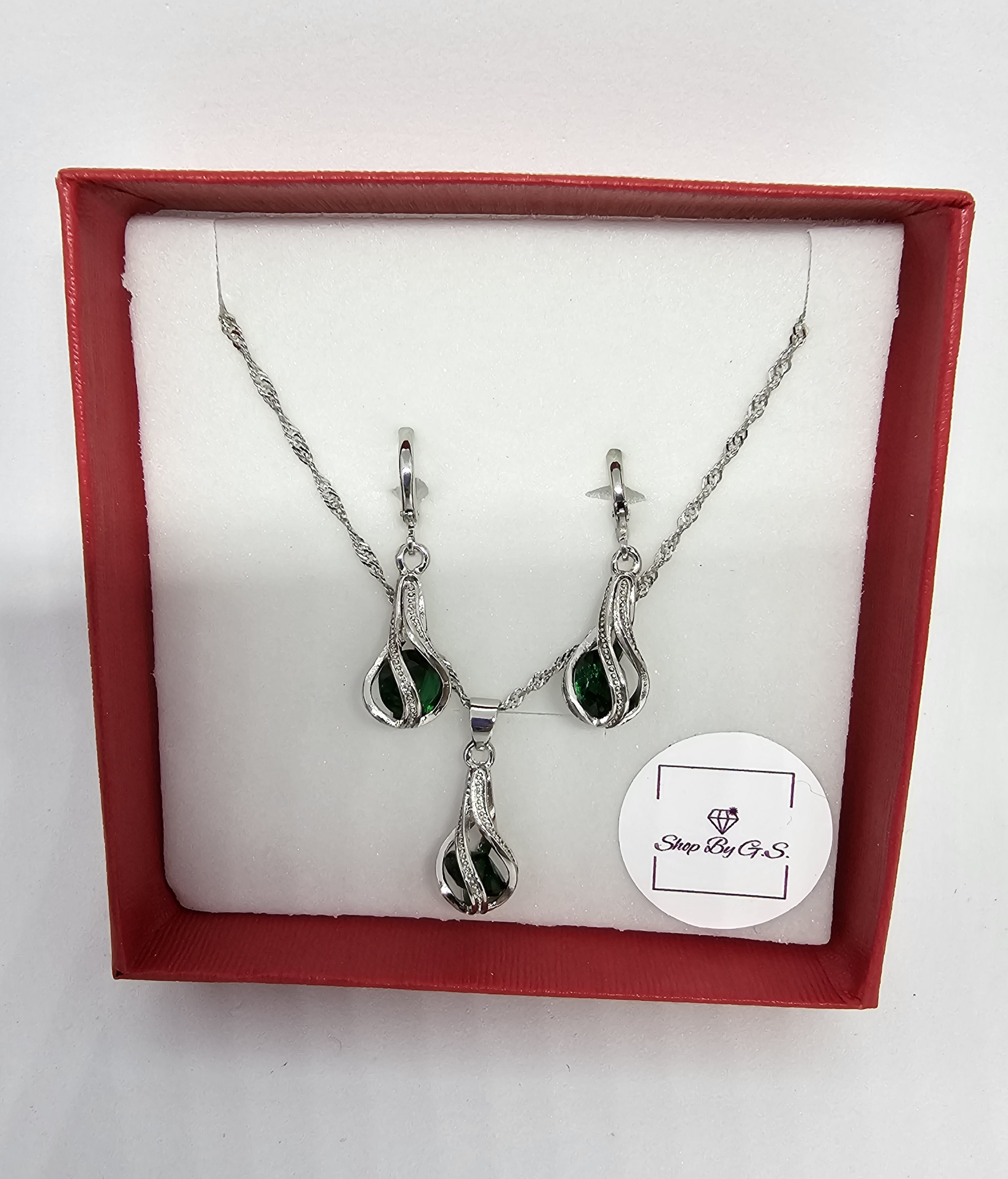 Papuošalų rinkinys suktas lašas su žaliu cirkoniu