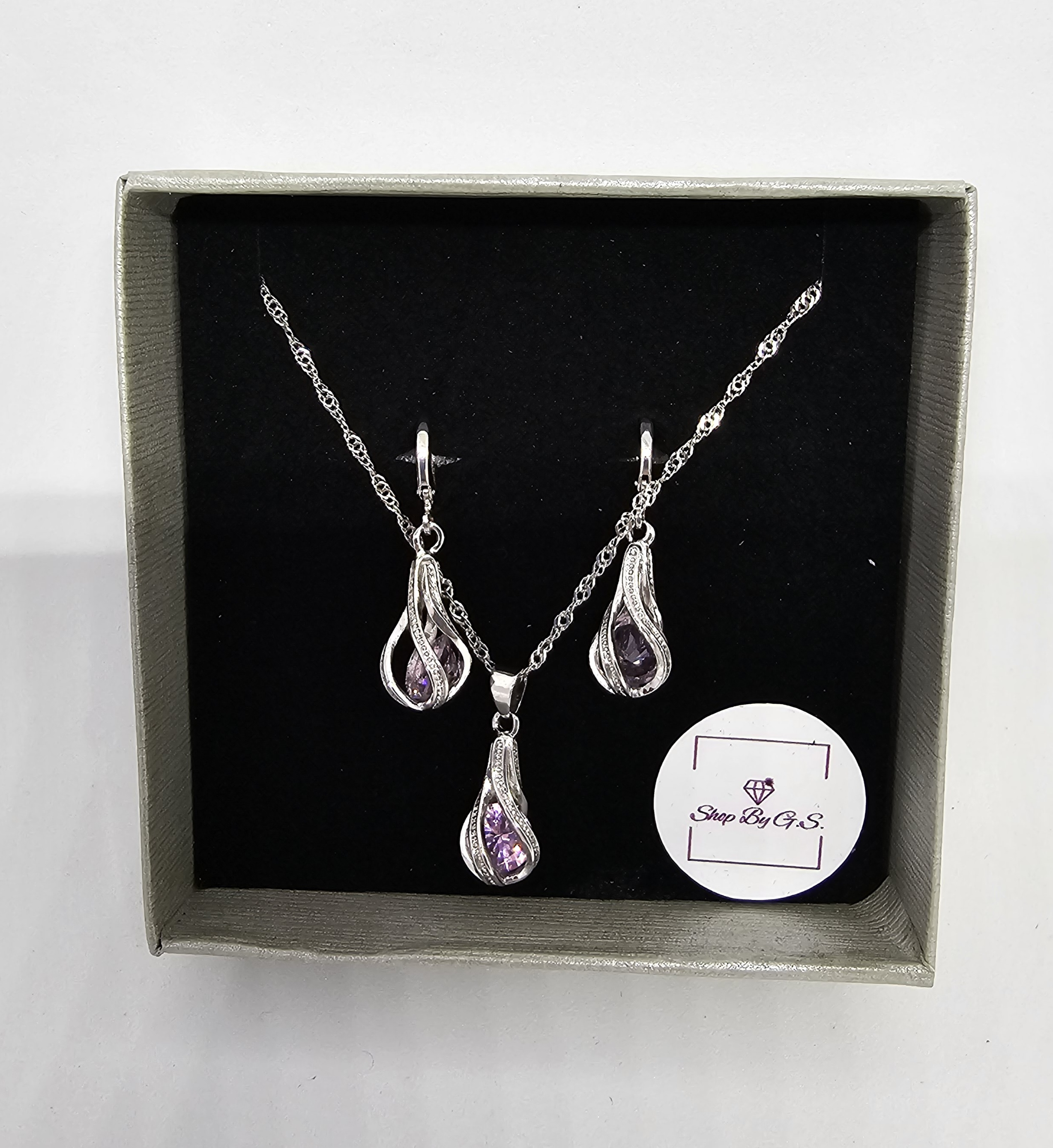 Papuošalų rinkinys suktas lašas su rožiniu cirkoniu