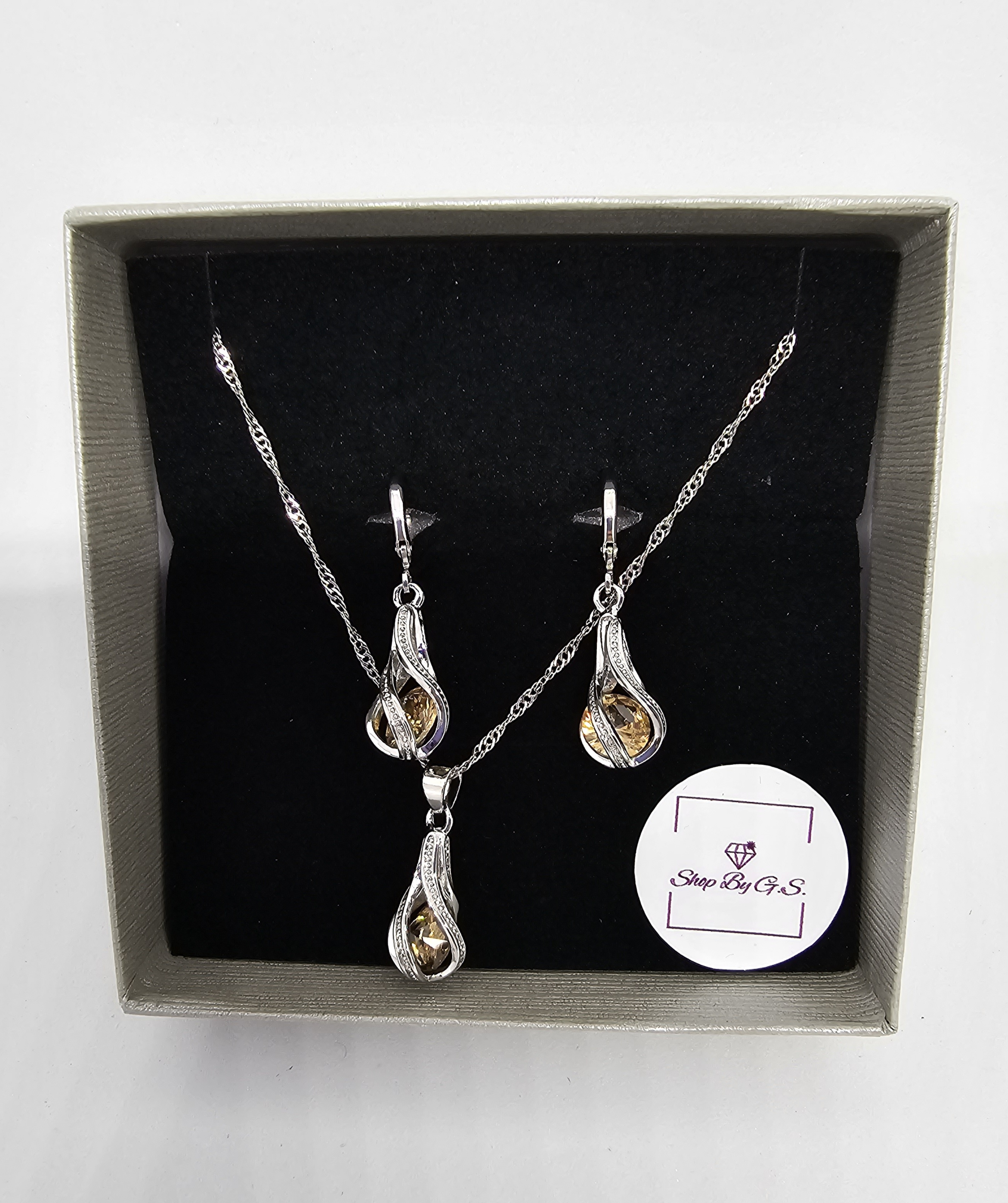 Papuošalų rinkinys suktas lašas su šampaniniu cirkoniu