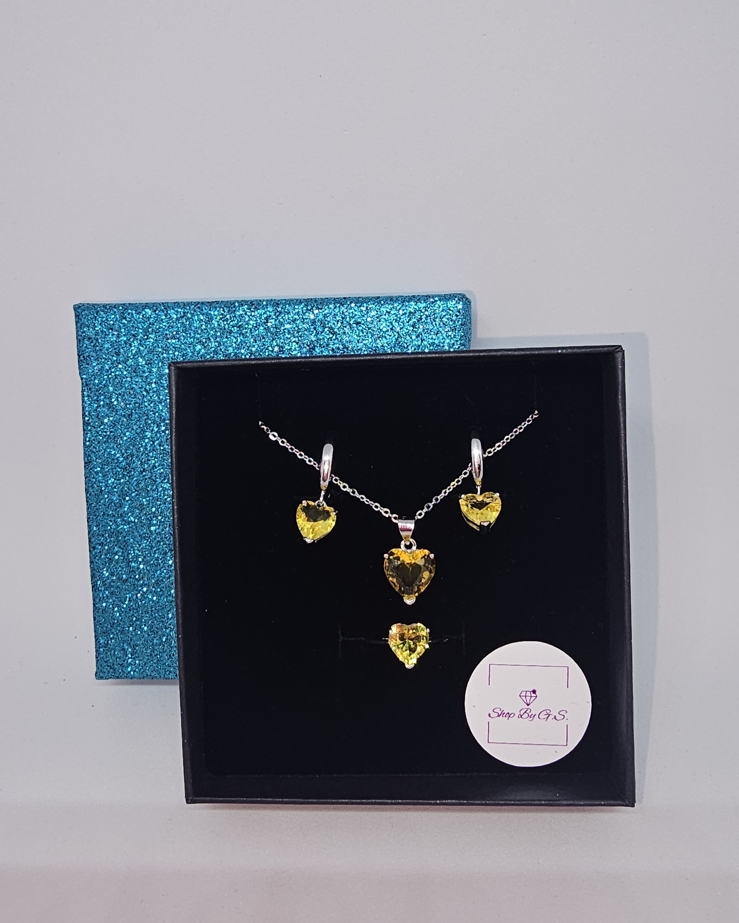 Papuošalų rinkinys širdelės su geltonu cirkoniu + žiedas