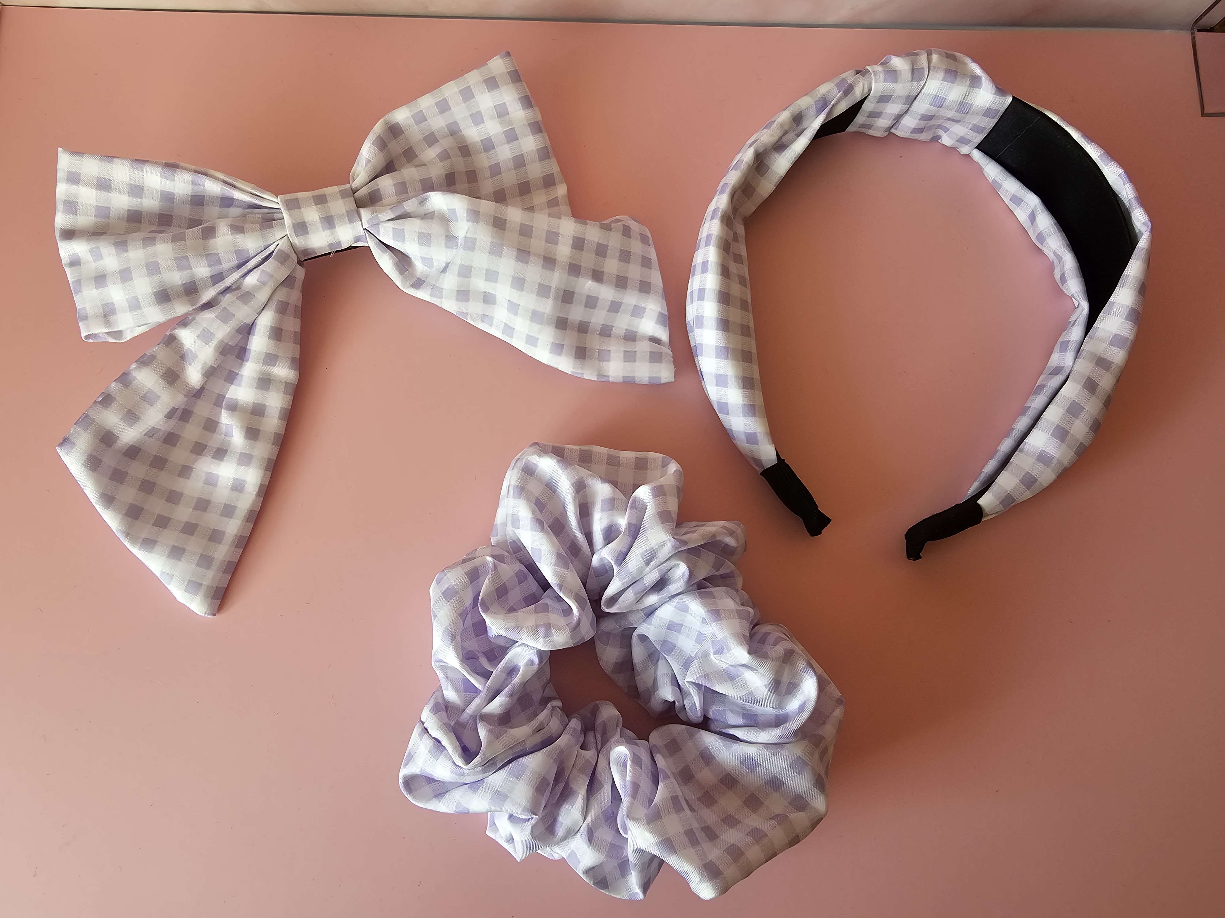 Komplektas plaukams - violetiniai&balti langeliai