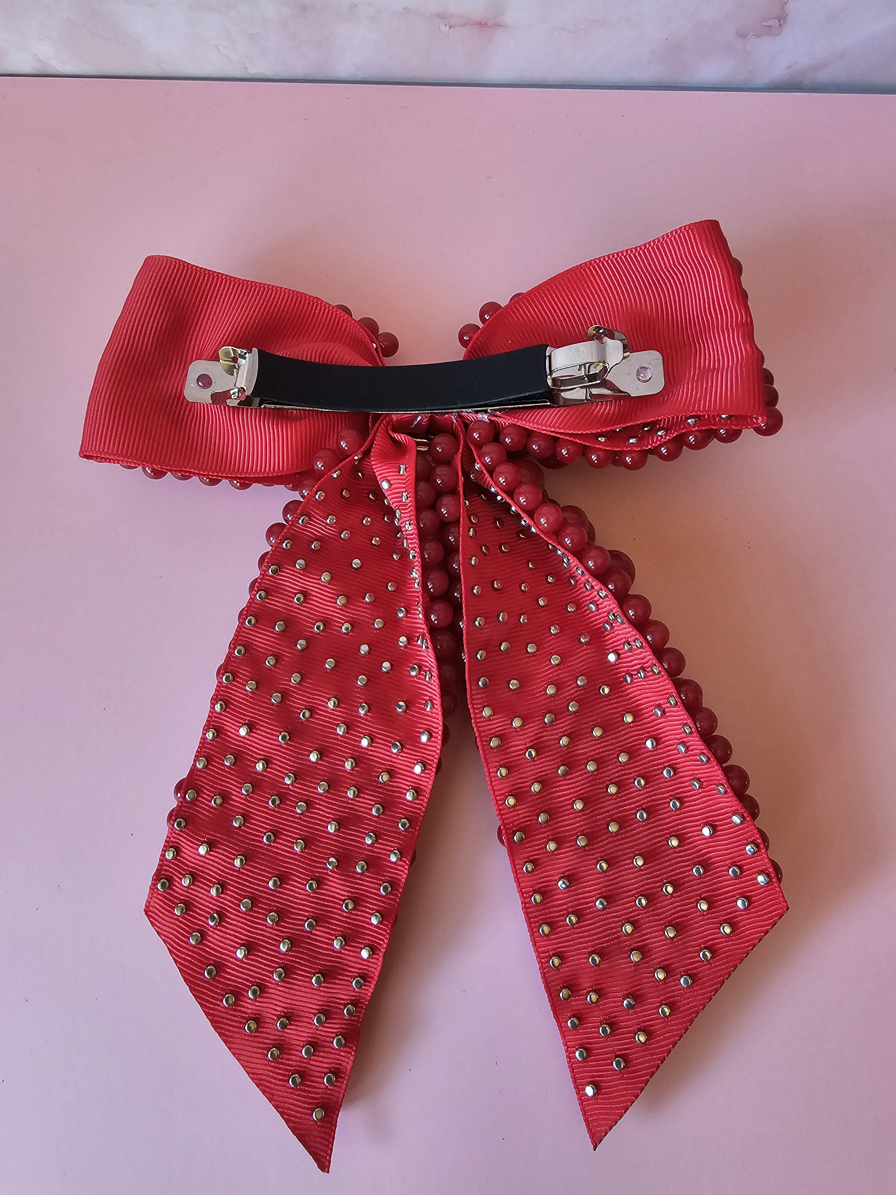 Plaukų segtukas kaspinas - puošnus su karoliukais raudonas