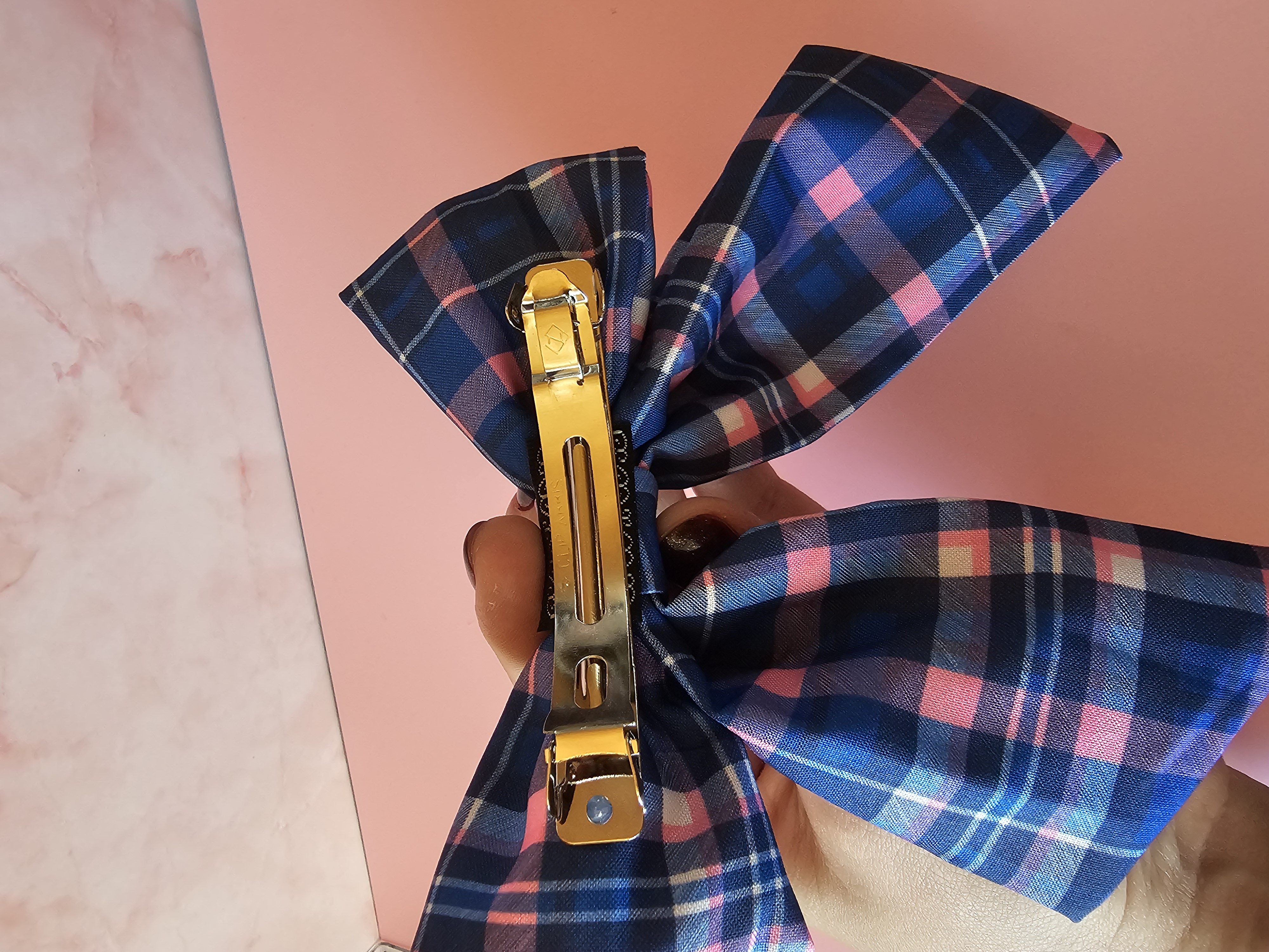 Plaukų segtukas kaspinas - mėlynas ir rožinis langeliai