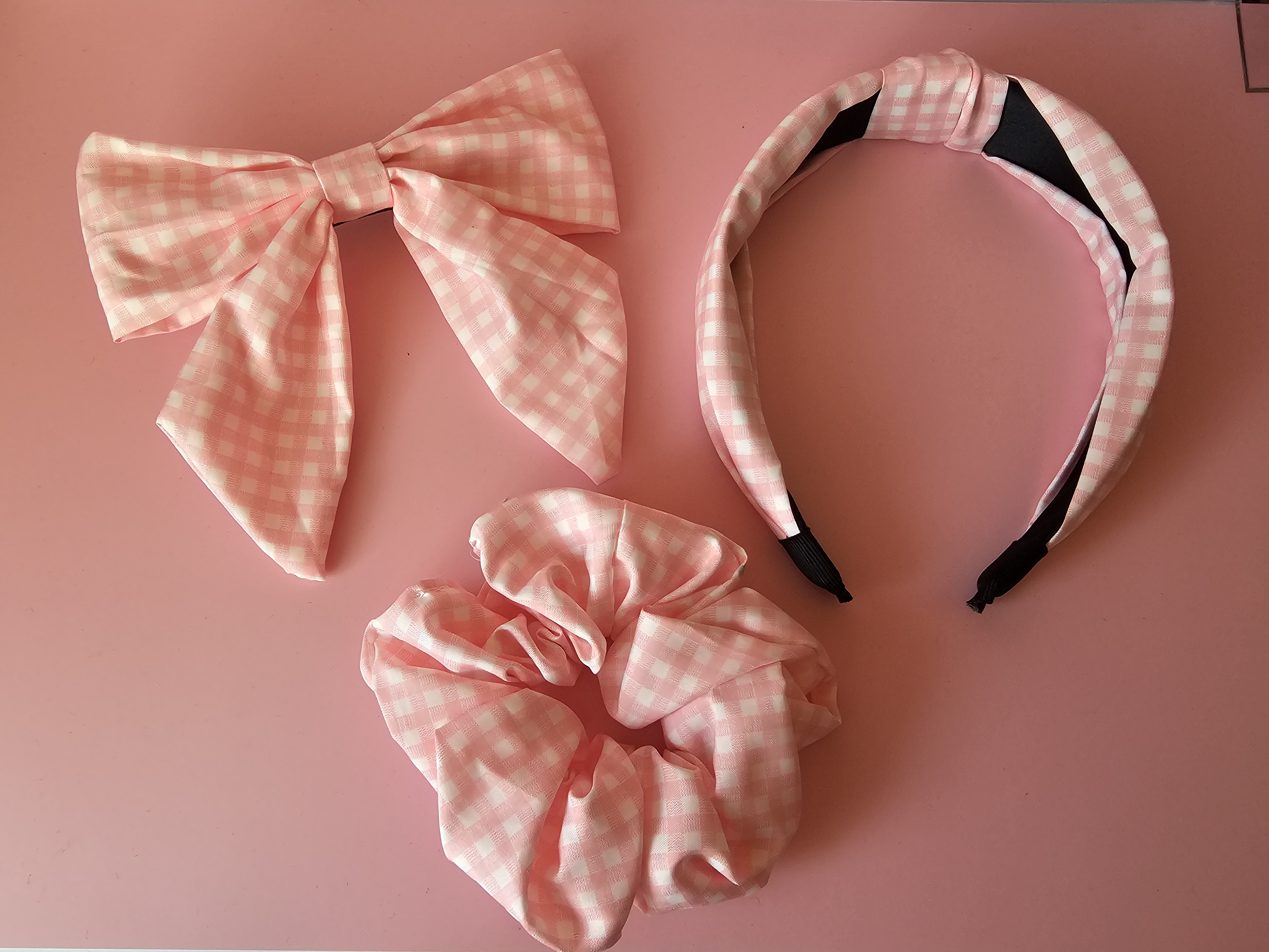 Komplektas plaukams - rožinai&balti langeliai