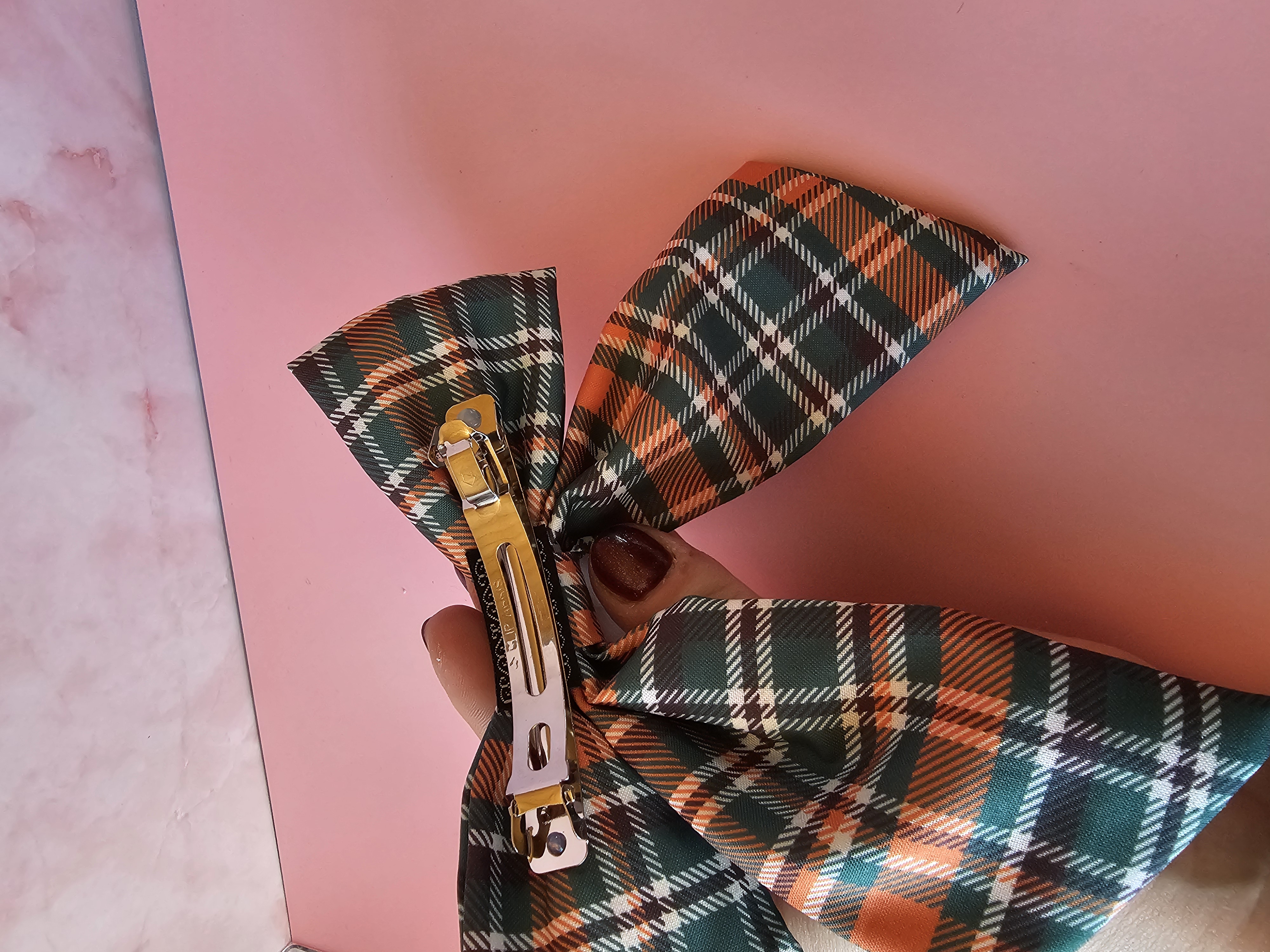 Plaukų segtukas kaspinas - oranžinė ir žalia langeliai