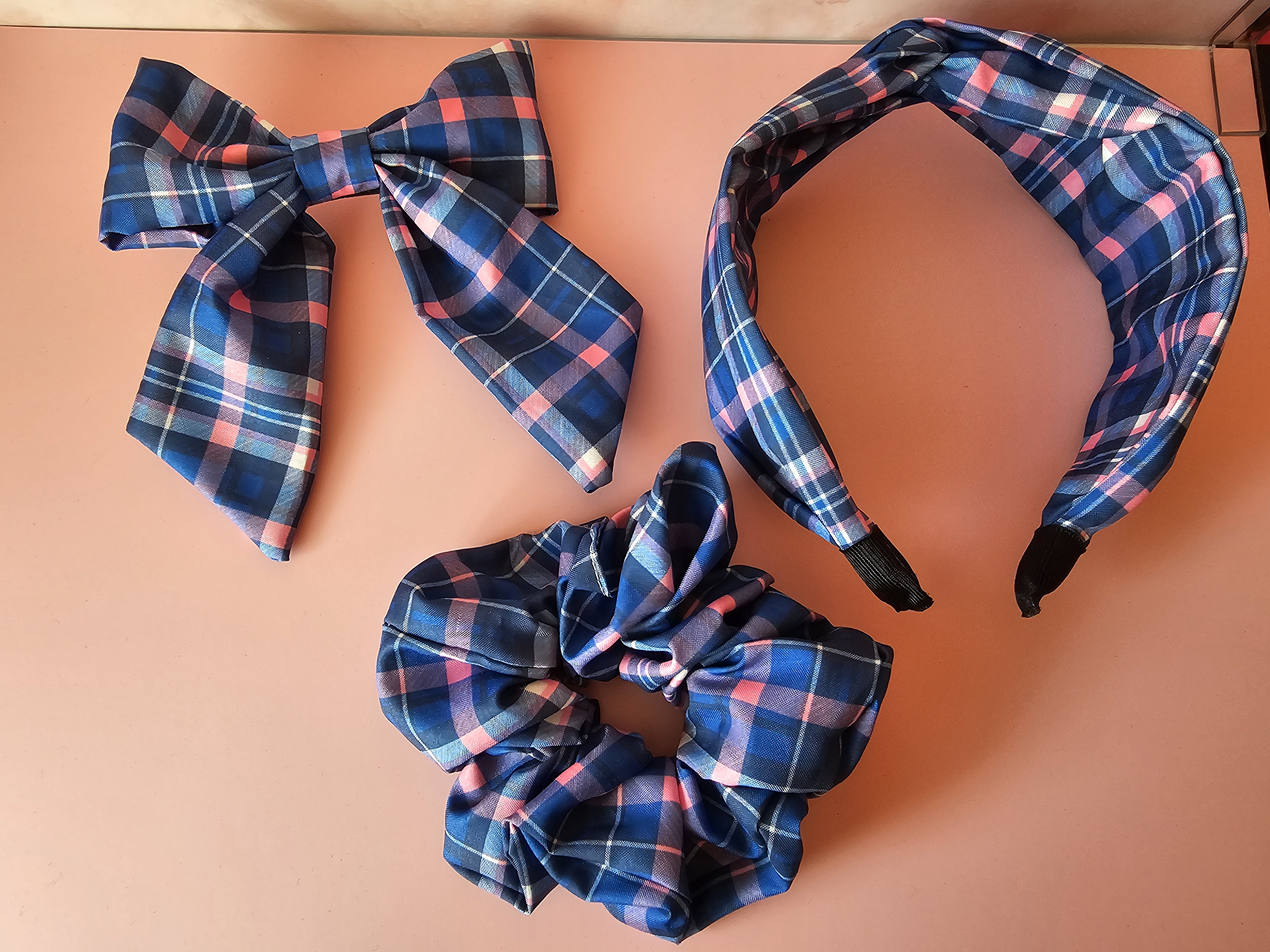 Komplektas plaukams - mėlyna&rožinė langeliai