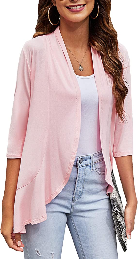 Open Front Cardigan 3/4 Sleeve Draped Ruffles 