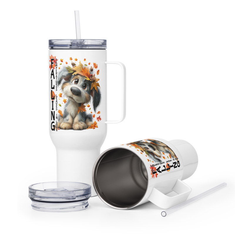 Falling Dog travel mug with a handle