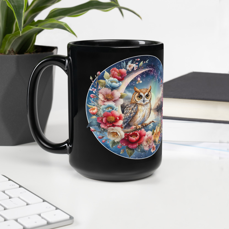 Owl Moon Floral black mug