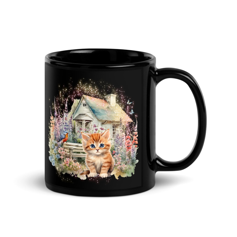 Orange stripe kitten black mug