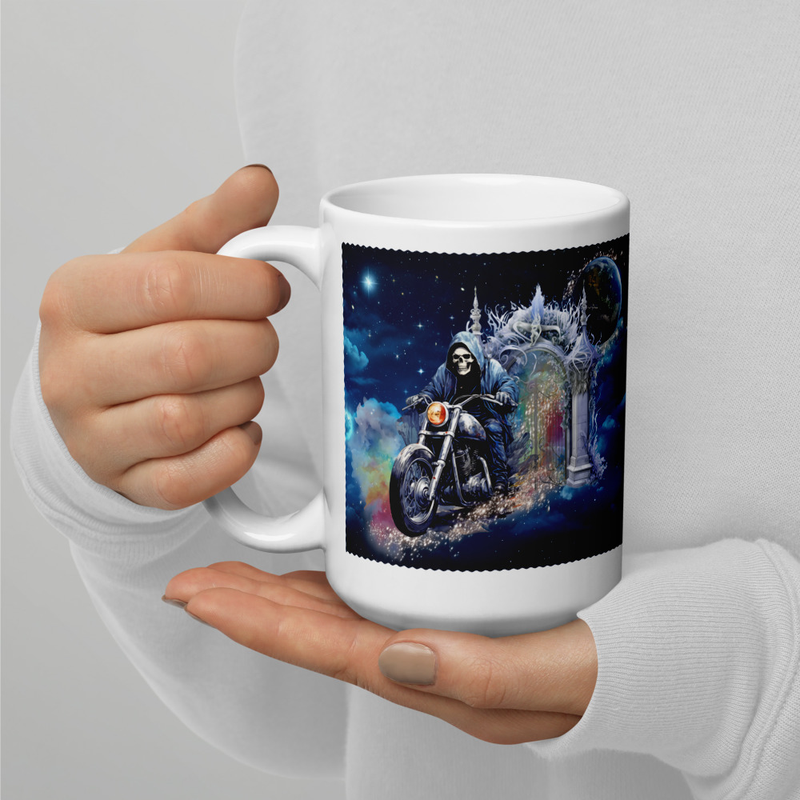 Skeleton motorcycle white mug