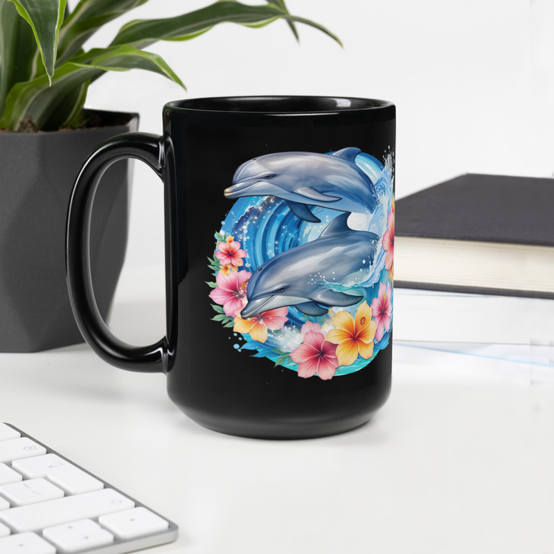 Dolphins floral black mug