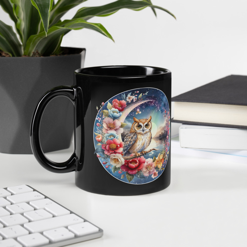 Owl Moon Floral black mug