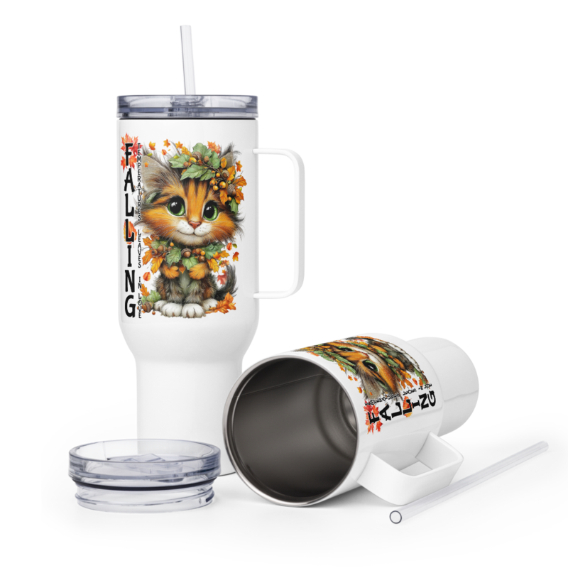 Falling Cat Travel mug with a handle